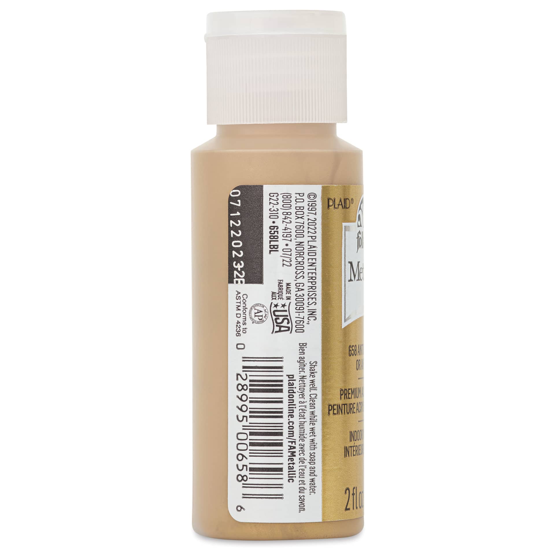 FolkArt Metallic Acrylic Paint - Antique Gold, 59 ml bottle side