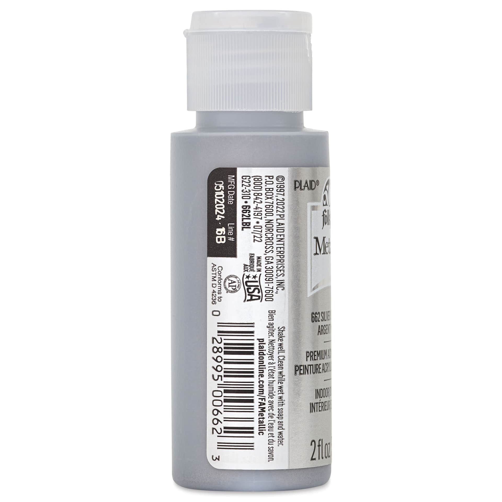 FolkArt Metallic Acrylic Paint - Sterling Silver, 59 ml bottle side