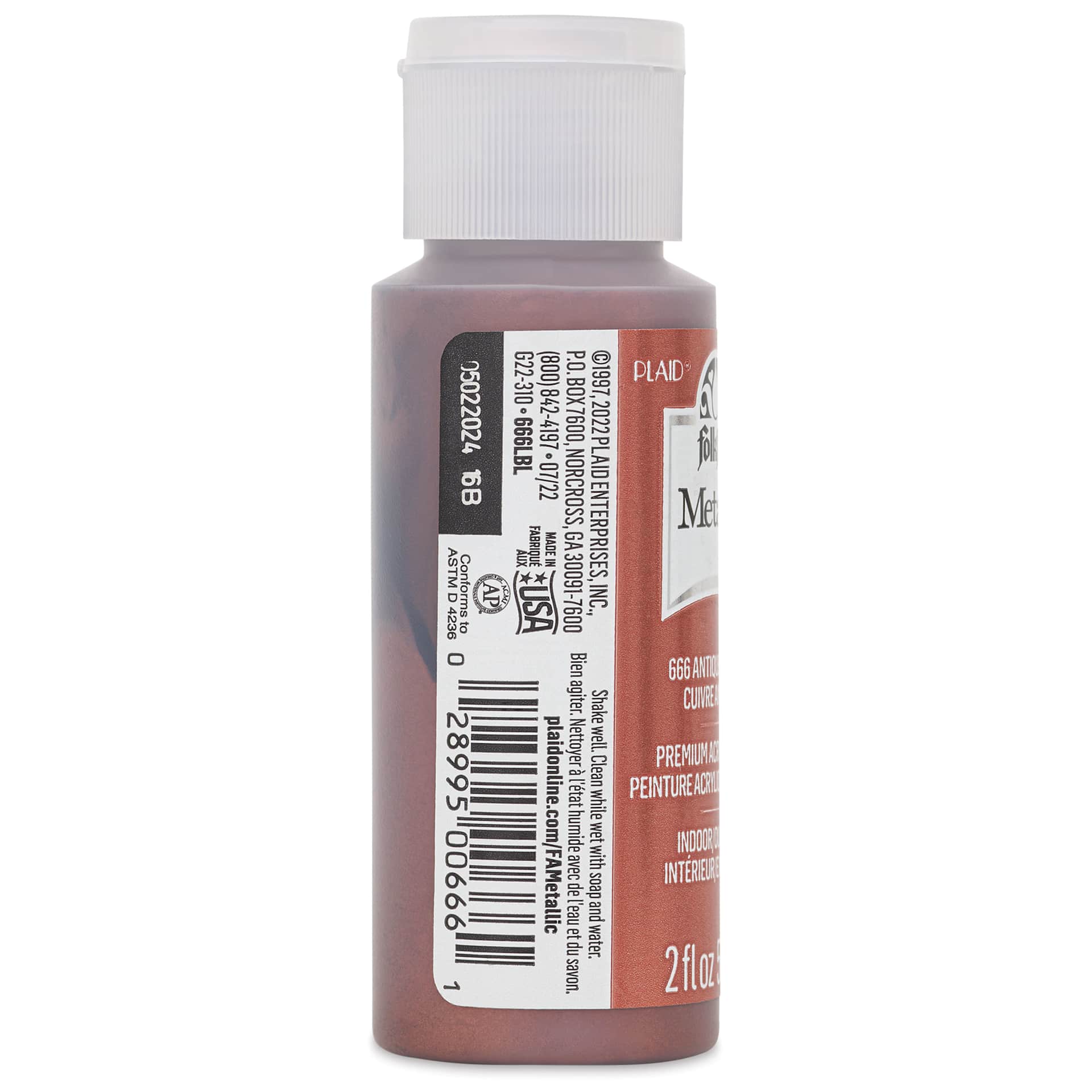 FolkArt Metallic Acrylic Paint - Antique Copper, 59 ml bottle side