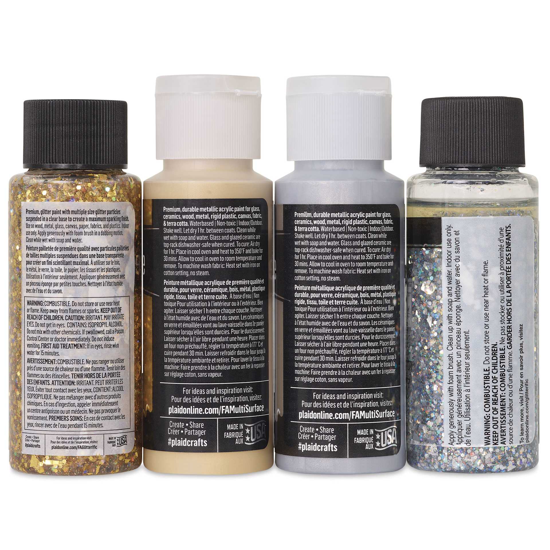 FolkArt Multi-Surface Acrylic Paints - Set of 4, Metallic and Glitterific Colors, 59 ml Bottles back