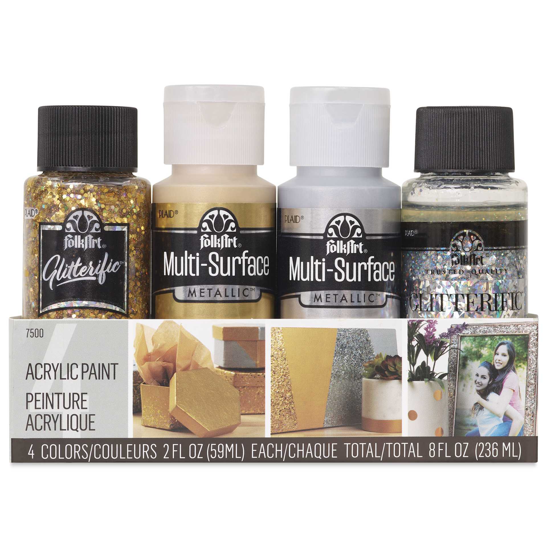 FolkArt Multi-Surface Acrylic Paints - Set of 4, Metallic and Glitterific Colors, 59 ml Bottles in package