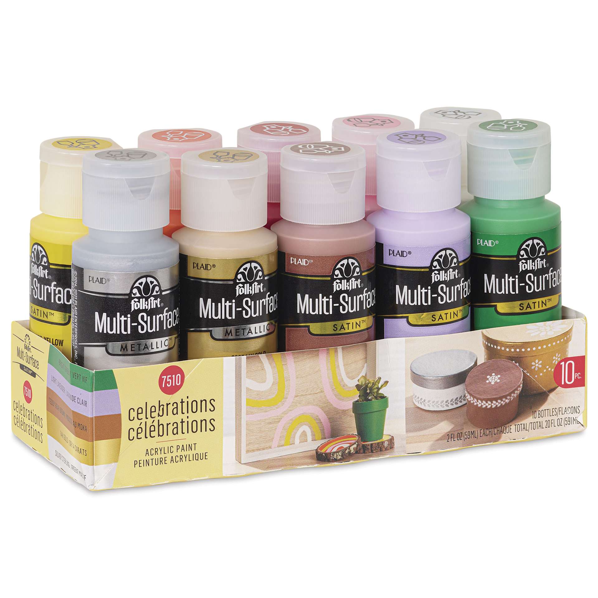 FolkArt Multi-Surface Acrylic Paints - Set of 10, Celebration Colors, 59 ml Bottles in package
