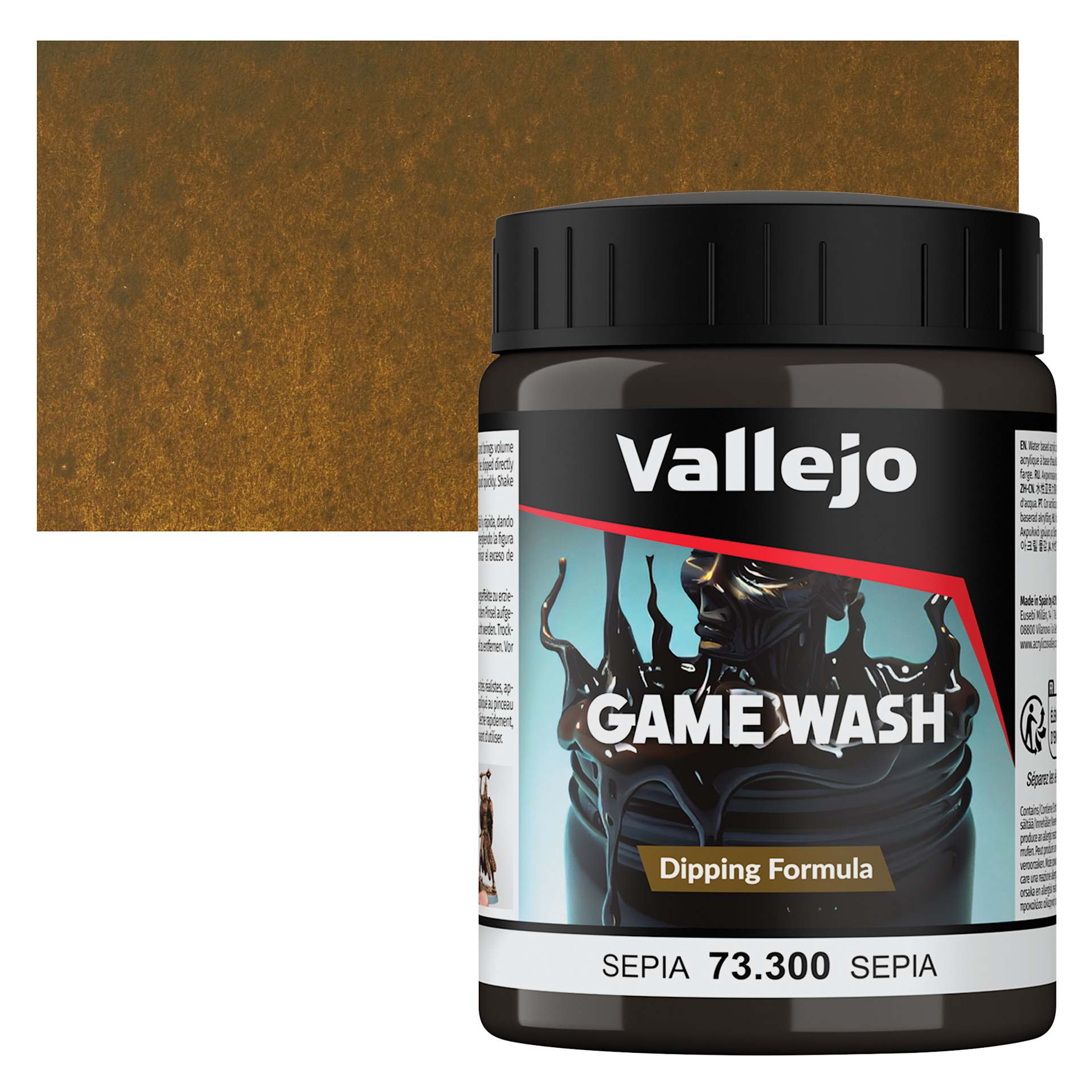 Vallejo Game Color Fluid Acrylic Wash - Sepia, 200 ml jar and swatch