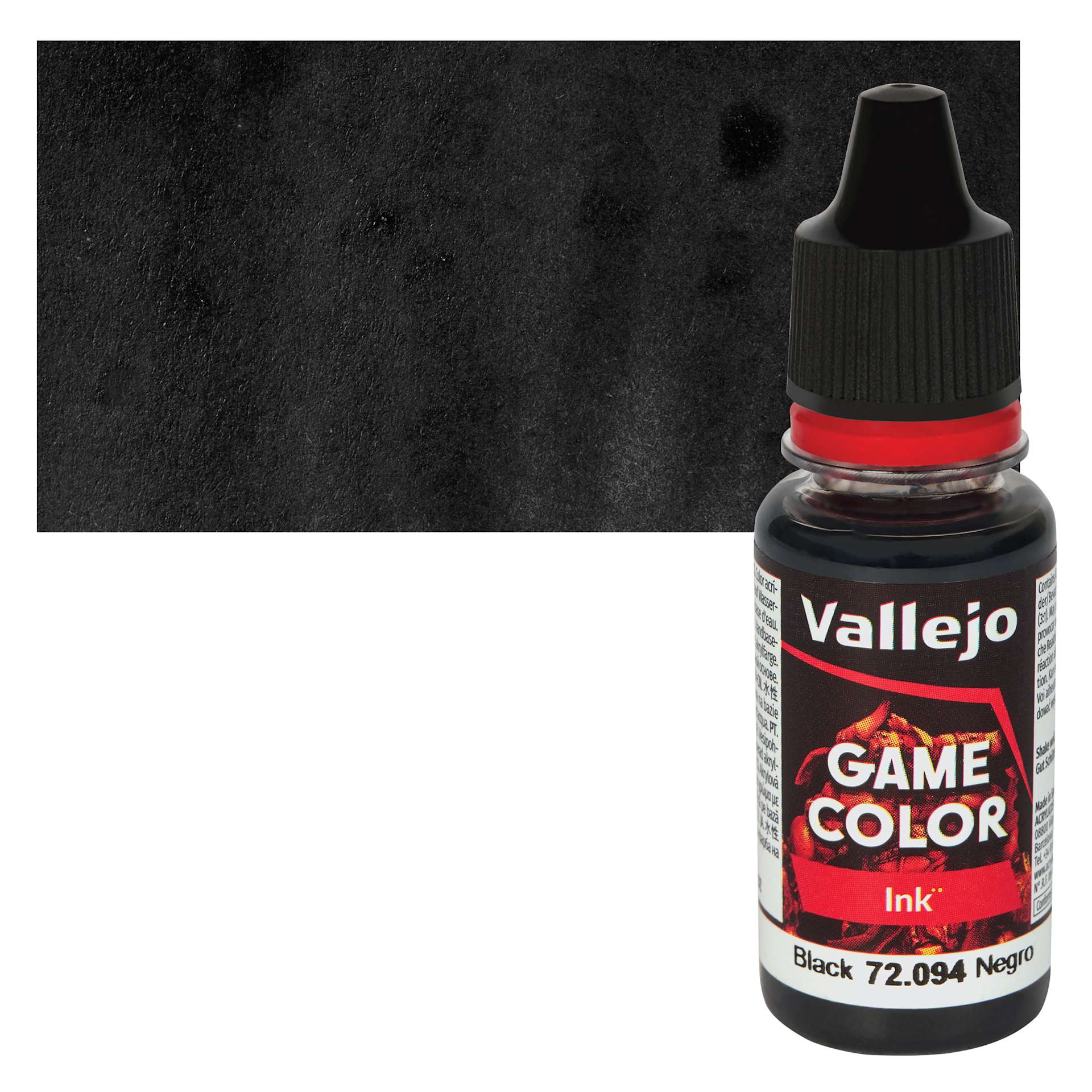 Vallejo Game Color Acrylic Ink - Black 18 ml Bottle and Swatch