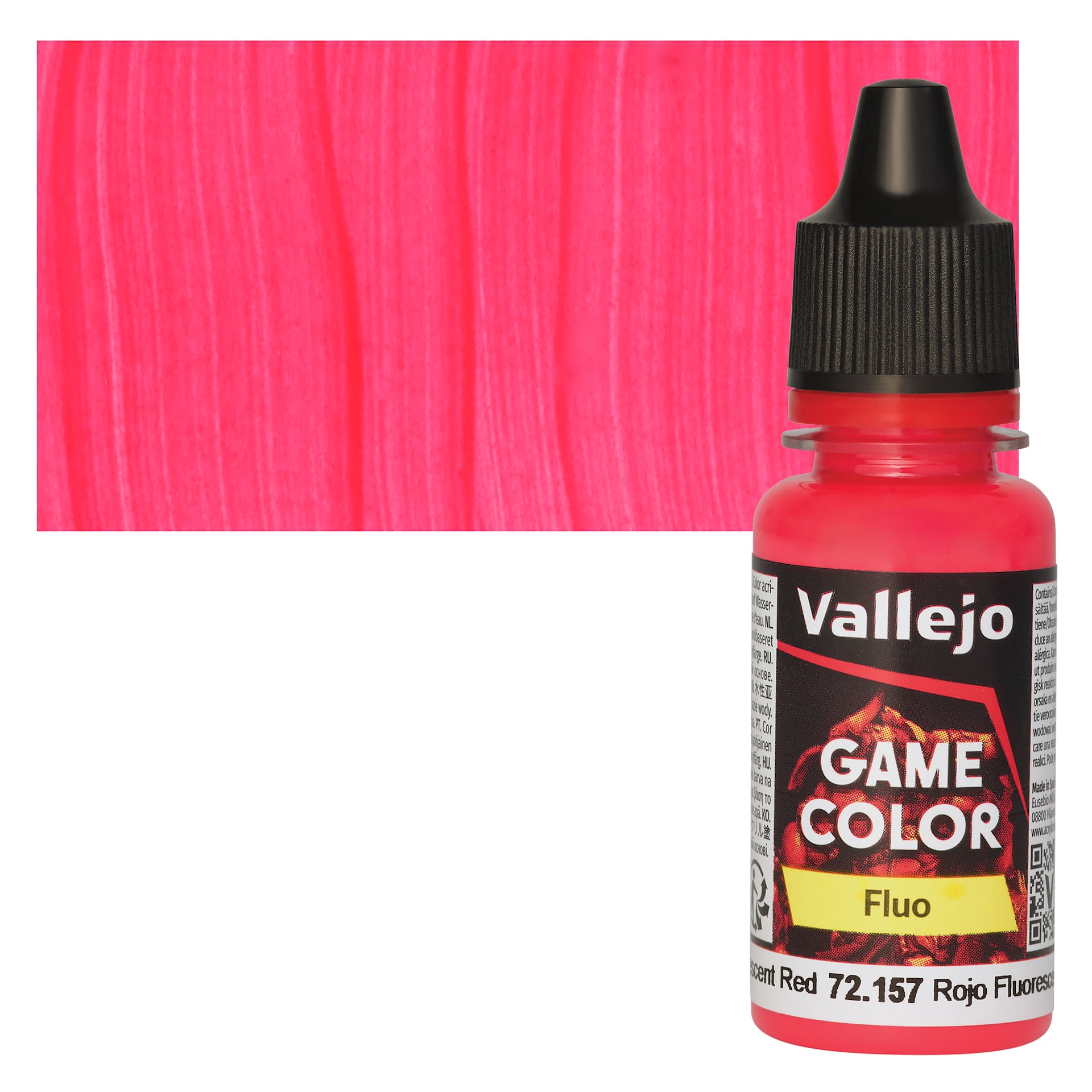 Vallejo Game Color Acrylic Paint - Fluorescent Red - Bottle and Swatch