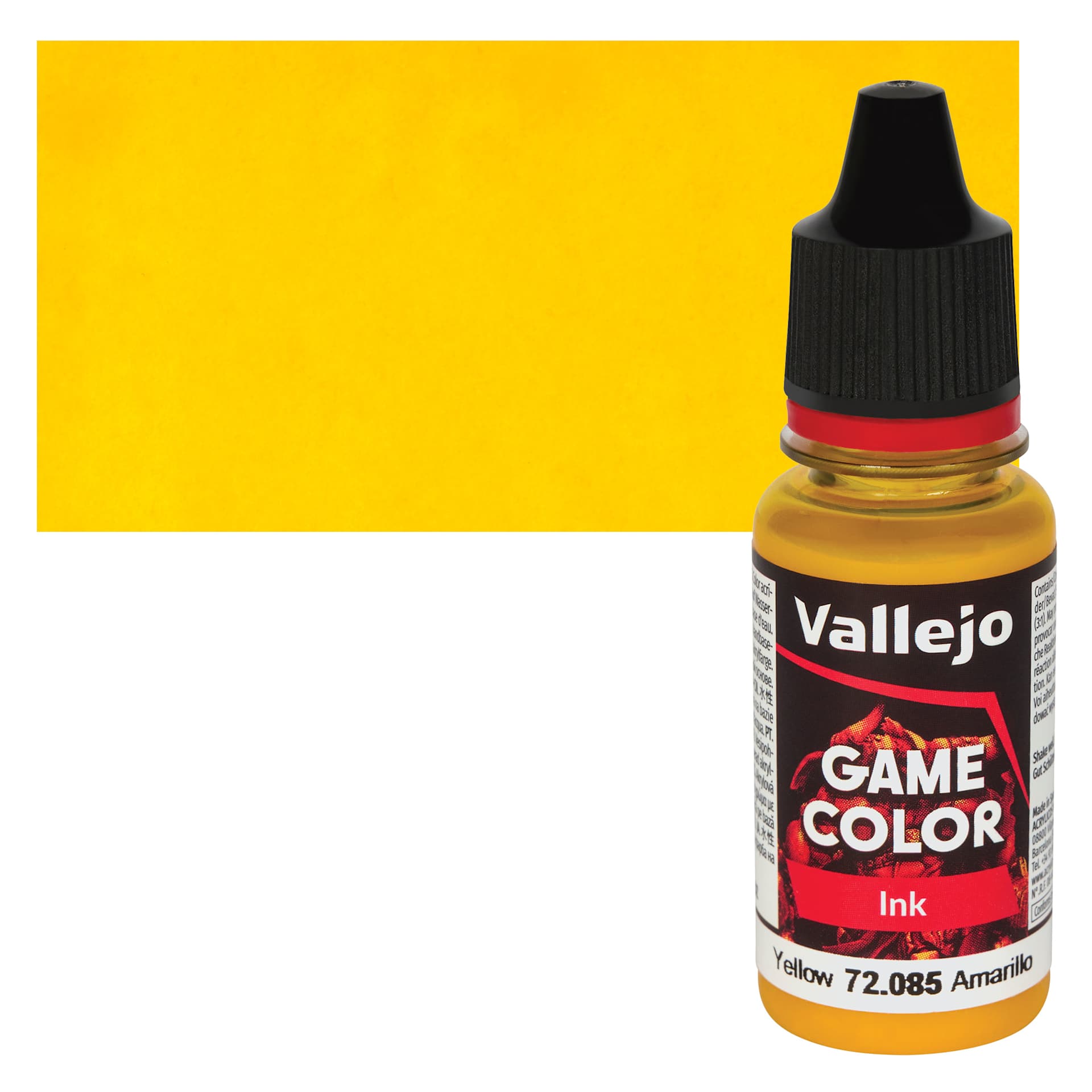Vallejo Game Color Acrylic Ink - Yellow, 18 ml Bottle and Swatch