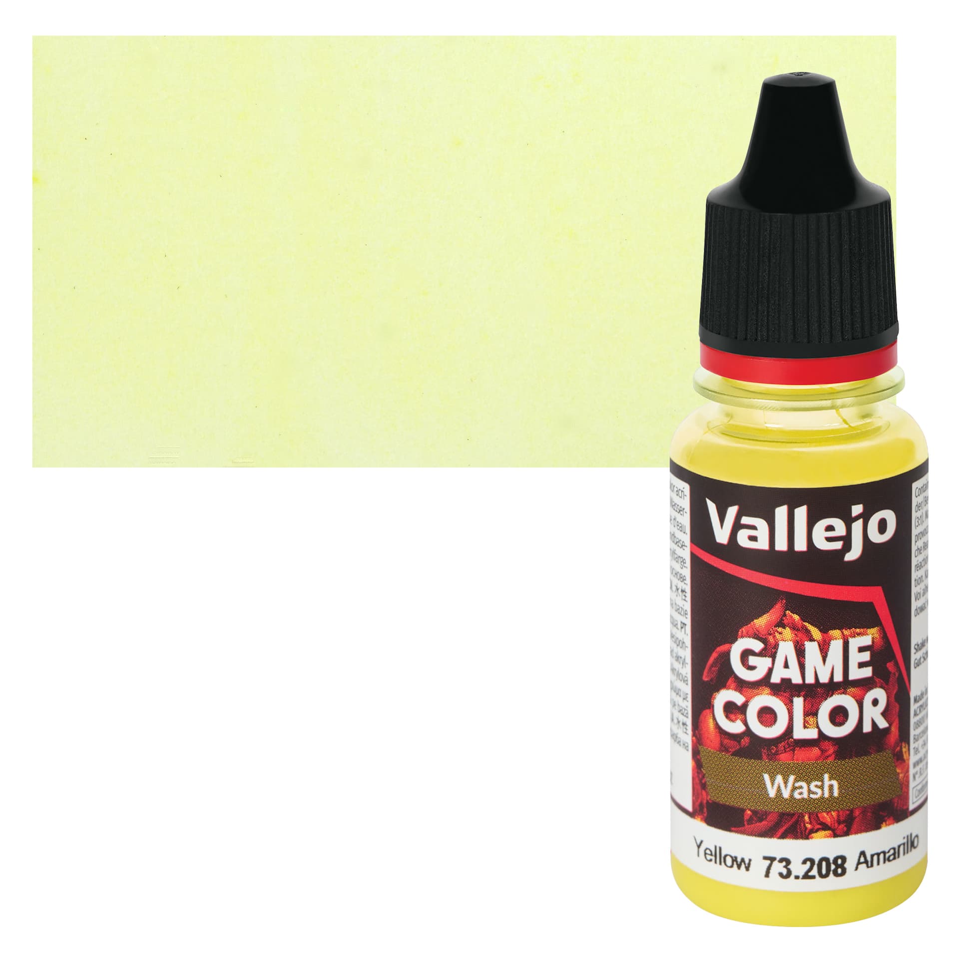 Vallejo Game Color Fluid Acrylic Wash - Yellow, 18 ml Bottle and Swatch
