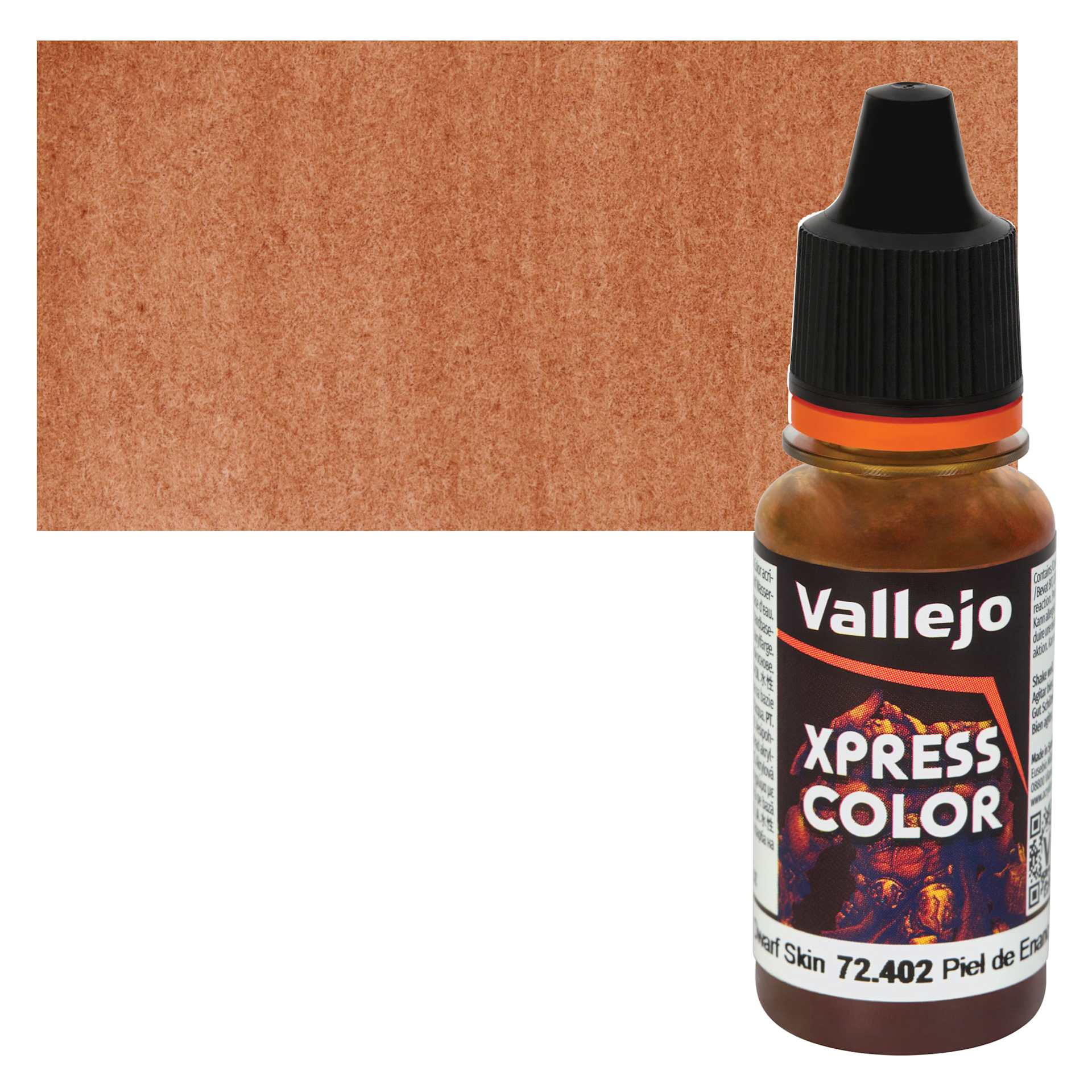 Vallejo Xpress Color Acrylic Paint - Dwarf Skin, 18 ml Bottle and Swatch