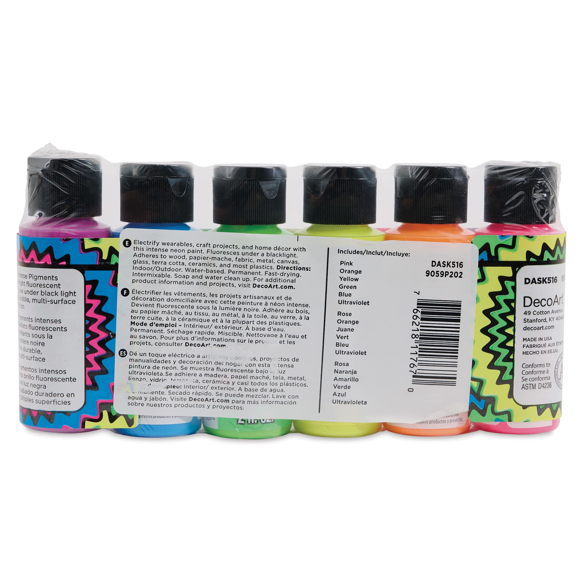 DecoArt Black Light Neon Acrylic Paint Set - Set of 6, 2 oz, back of packaging
