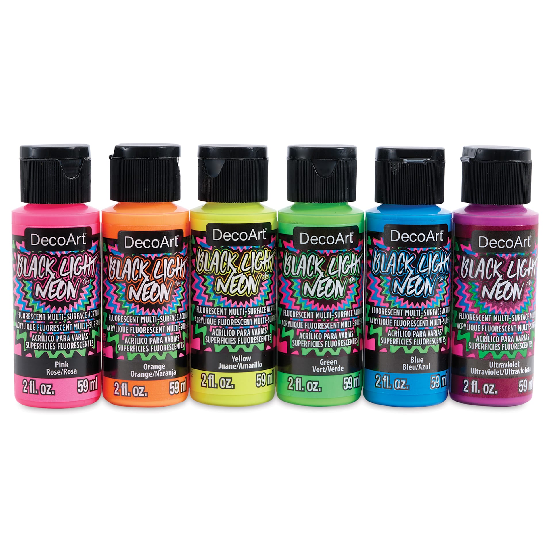 DecoArt Black Light Neon Acrylic Paint Set - Set of 6, 2 oz, front of bottles