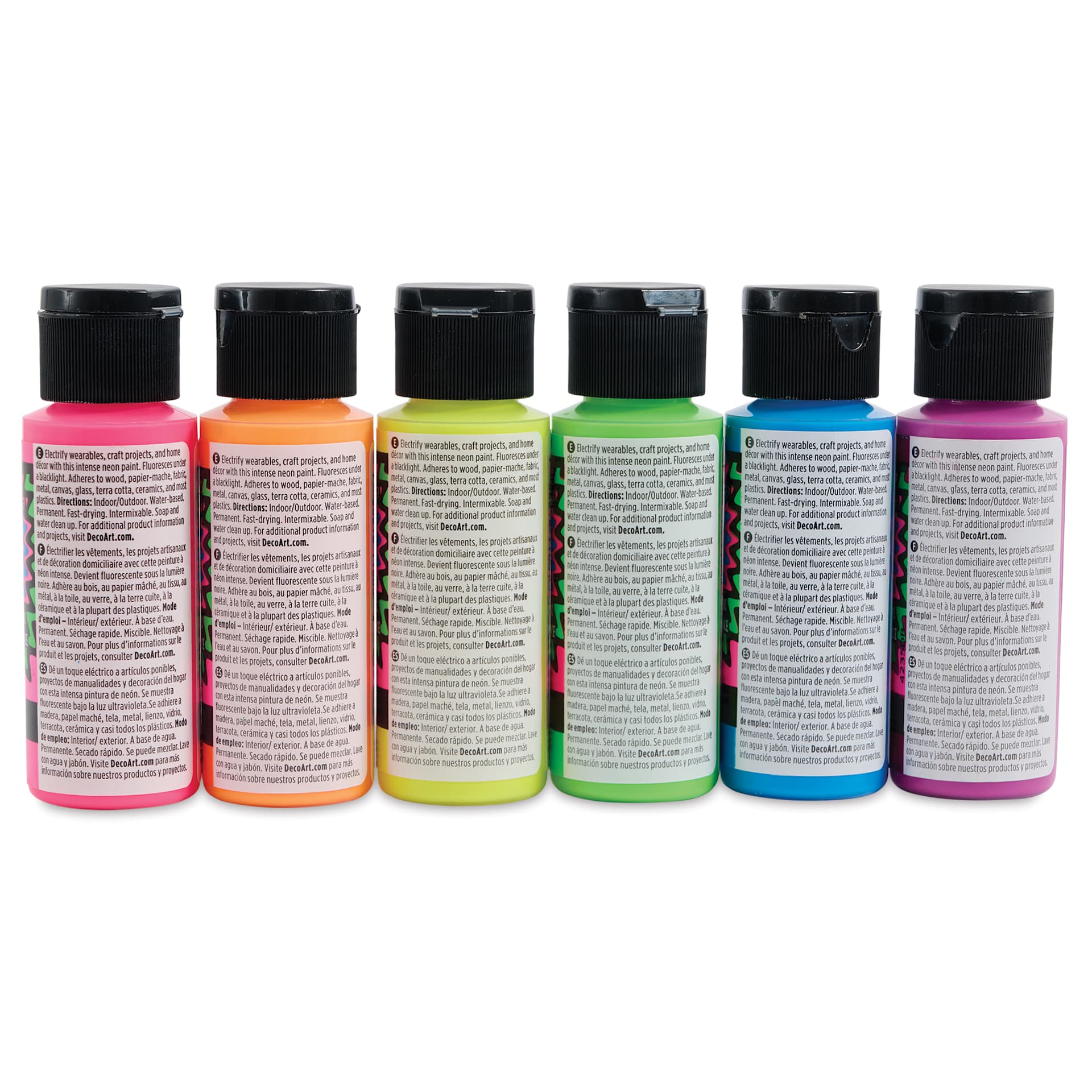 DecoArt Black Light Neon Acrylic Paint Set - Set of 6, 2 oz, back of bottles