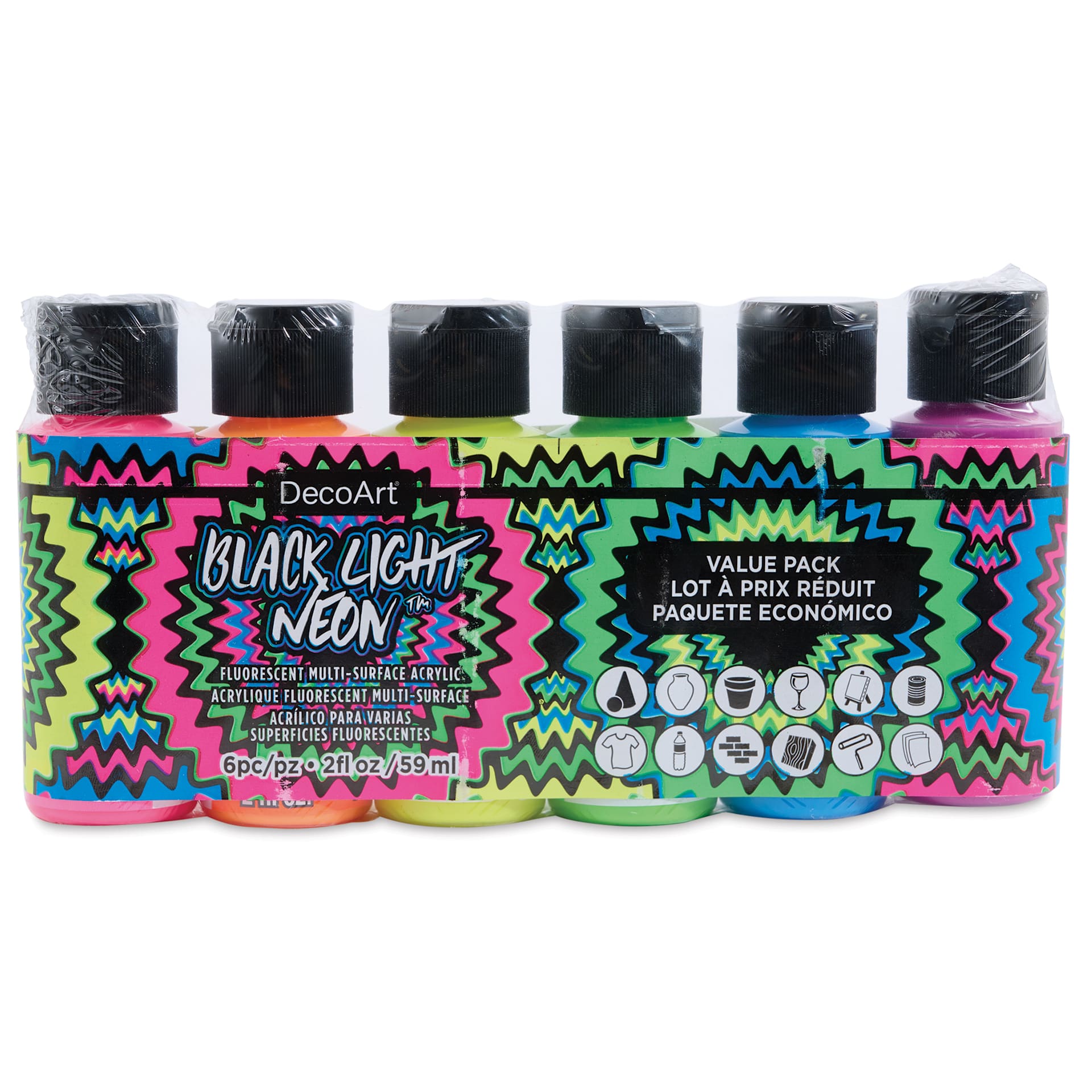 DecoArt Black Light Neon Acrylic Paint Set - Set of 6, 2 oz, front of packaging