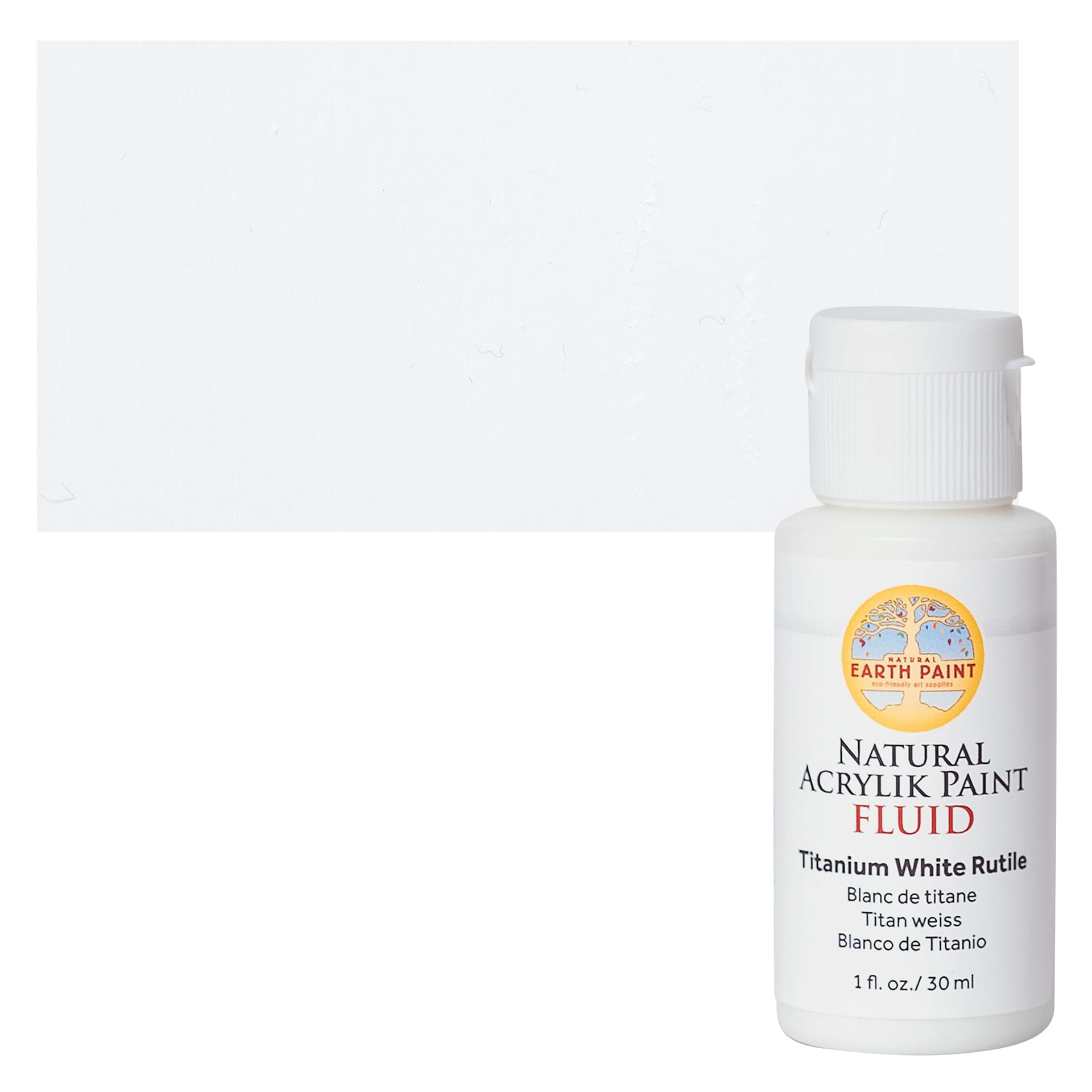 Natural Earth Paint Natural Fluid Acrylik Paint - Titanium White Rutile, 30 ml Bottle and Swatch