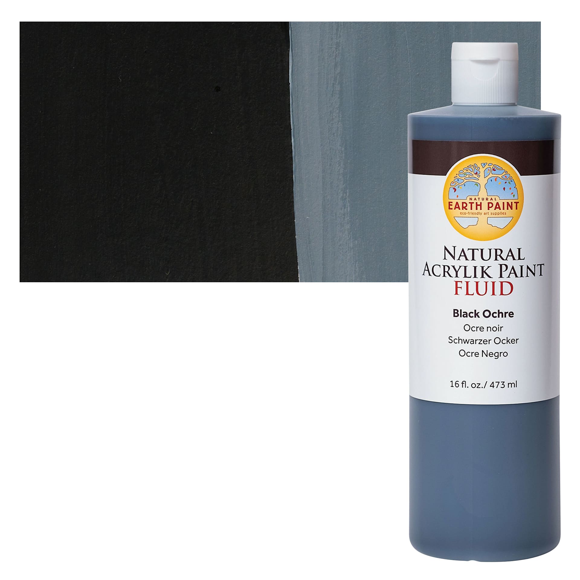 Natural Earth Paint Natural Fluid Acrylik Paint - Black Ochre, 437 ml - Bottle and Swatch