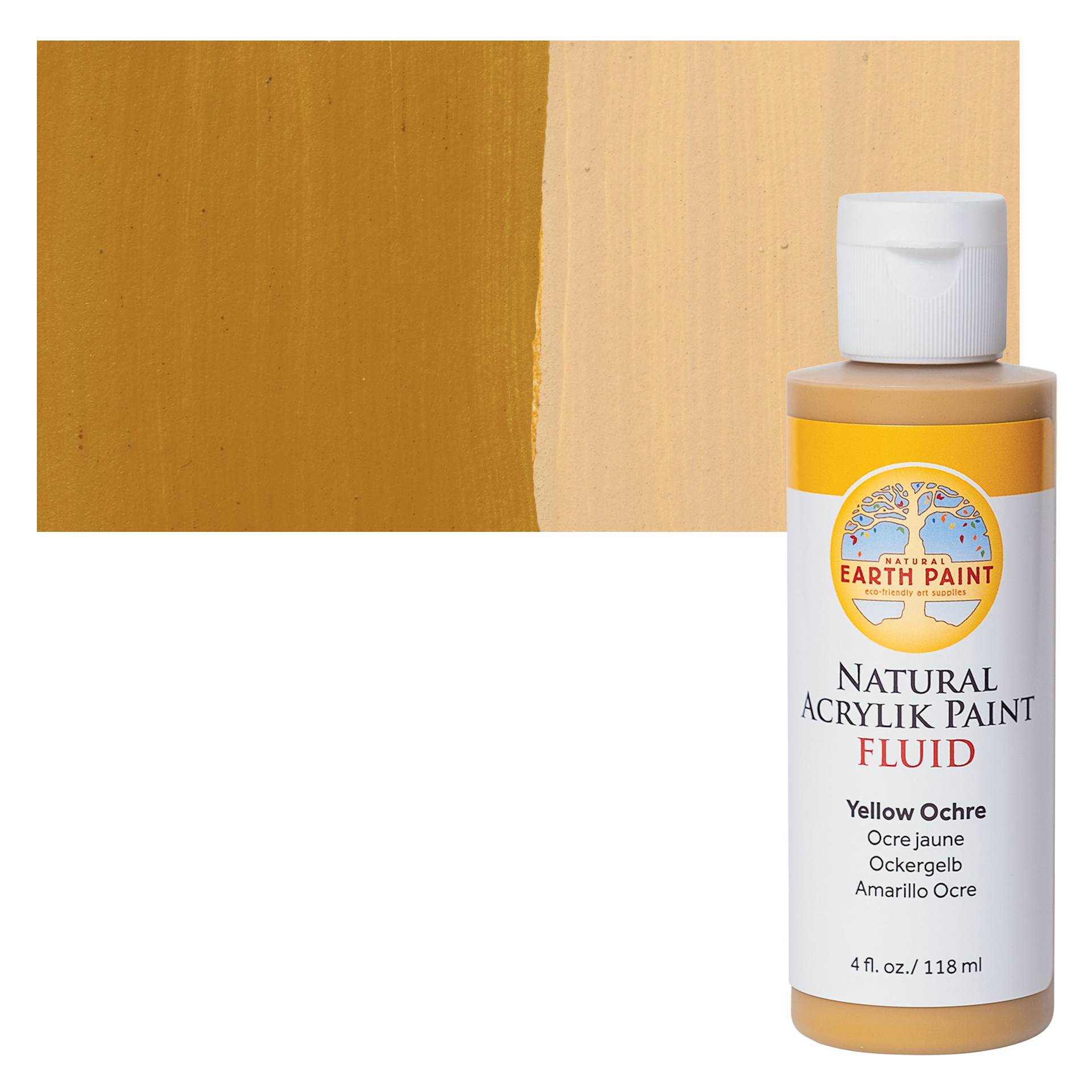 Natural Earth Paint Natural Fluid Acrylik Paint - Yellow Ochre, 118 ml Bottle and Swatch