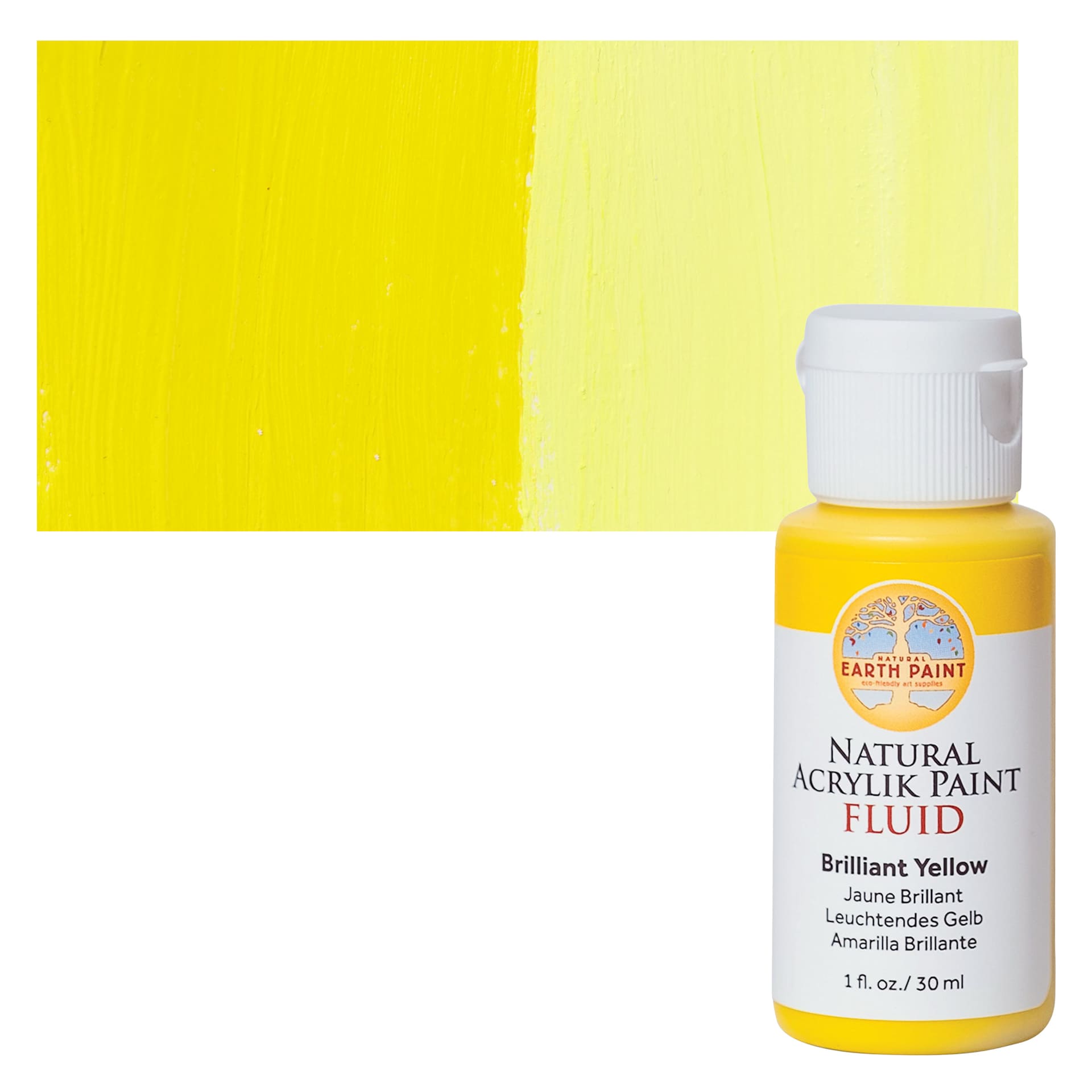Natural Earth Paint Natural Fluid Acrylik Paint - Brilliant Yellow, 30 ml - Bottle and Swatch