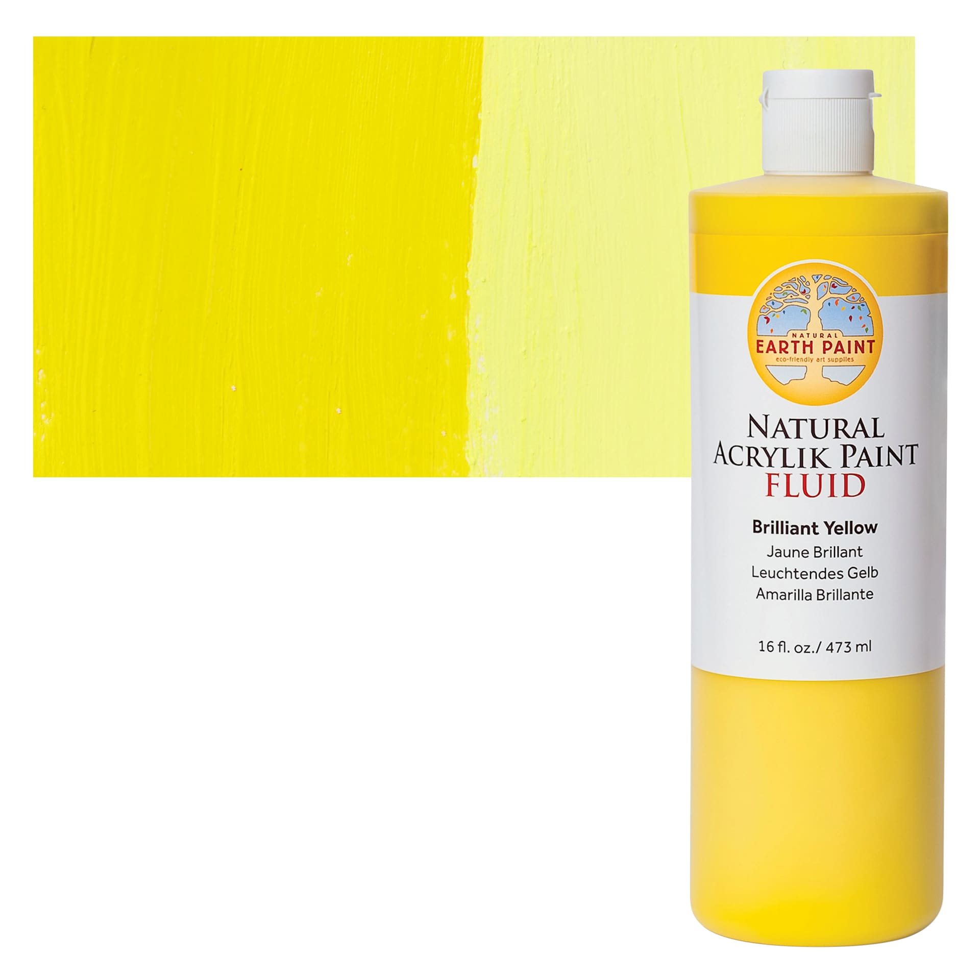 Natural Earth Paint Natural Fluid Acrylik Paint - Brilliant Yellow, 473 ml - Bottle and Swatch