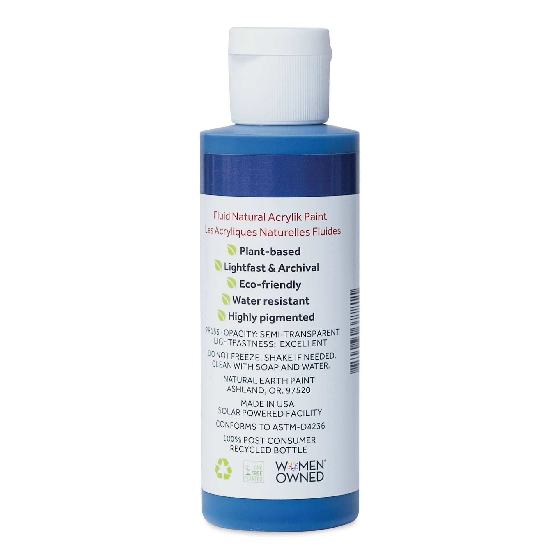 Natural Earth Paint Natural Fluid Acrylik Paint - Royal Blue, back of a 118 ml bottle