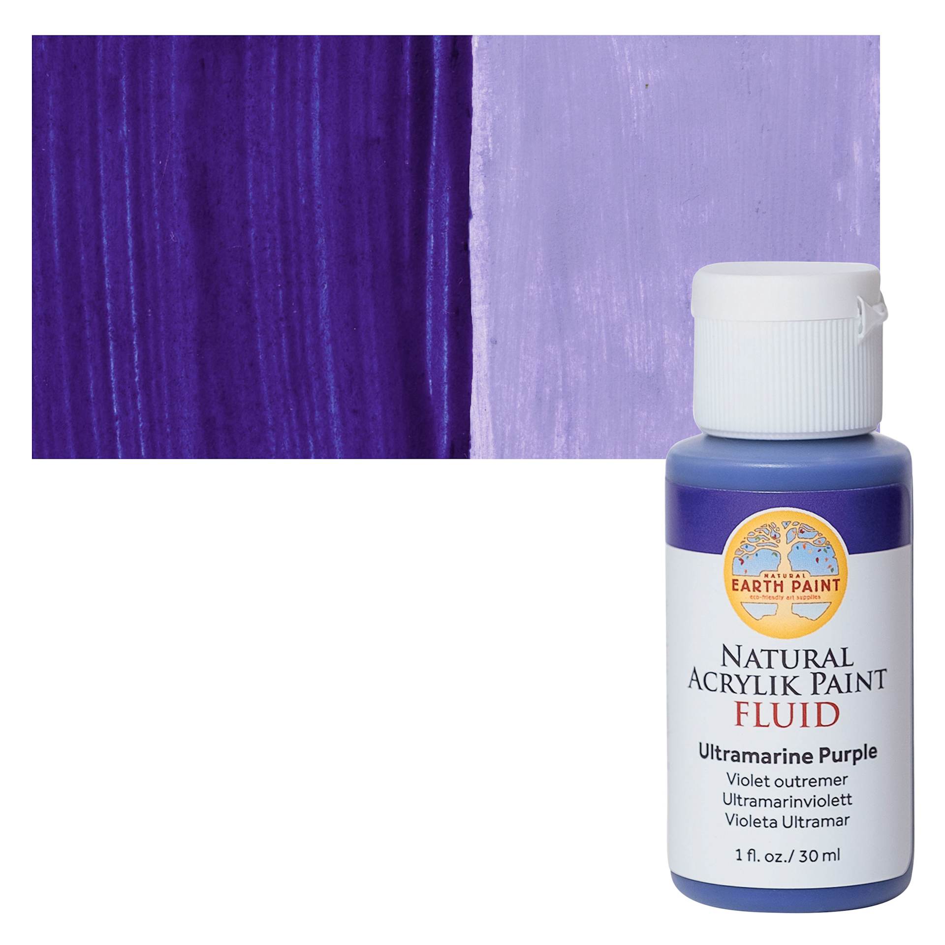 Natural Earth Paint Natural Fluid Acrylik Paint - Ultramarine Purple, 30 ml Bottle and Swatch