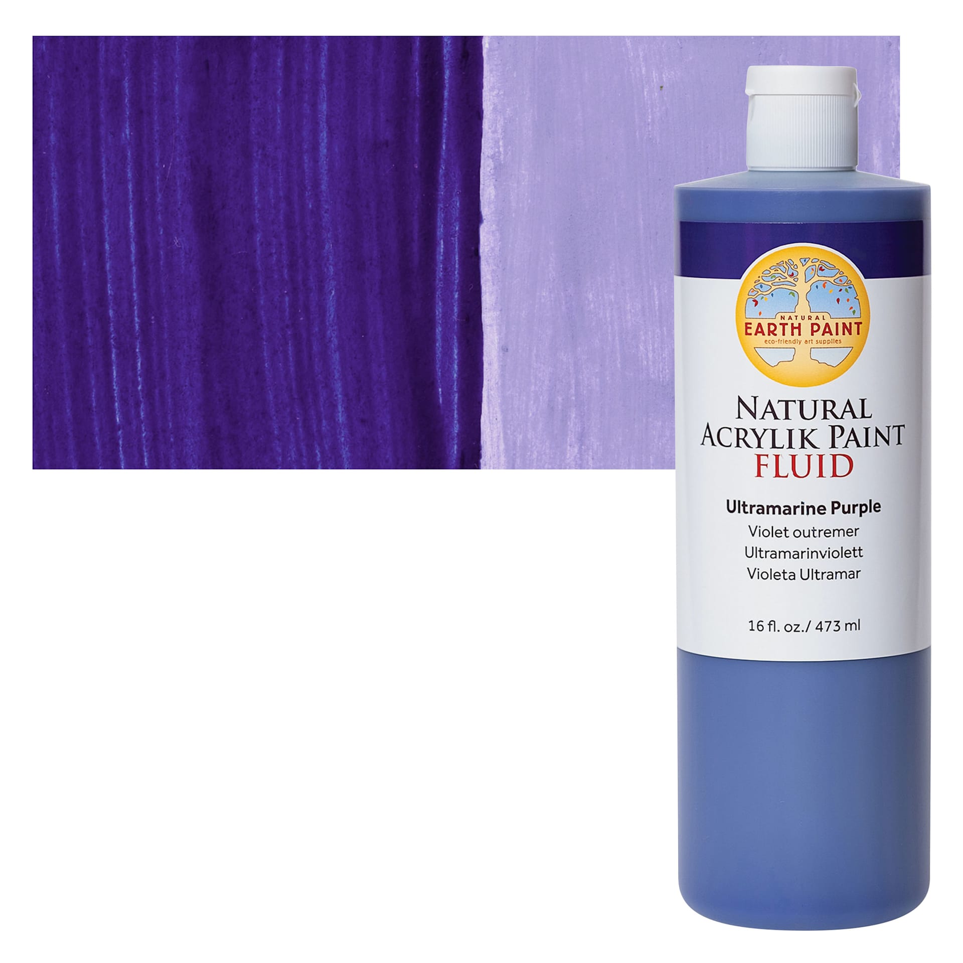 Natural Earth Paint Natural Fluid Acrylik Paint - Ultramarine Purple, 473 ml Bottle and Swatch