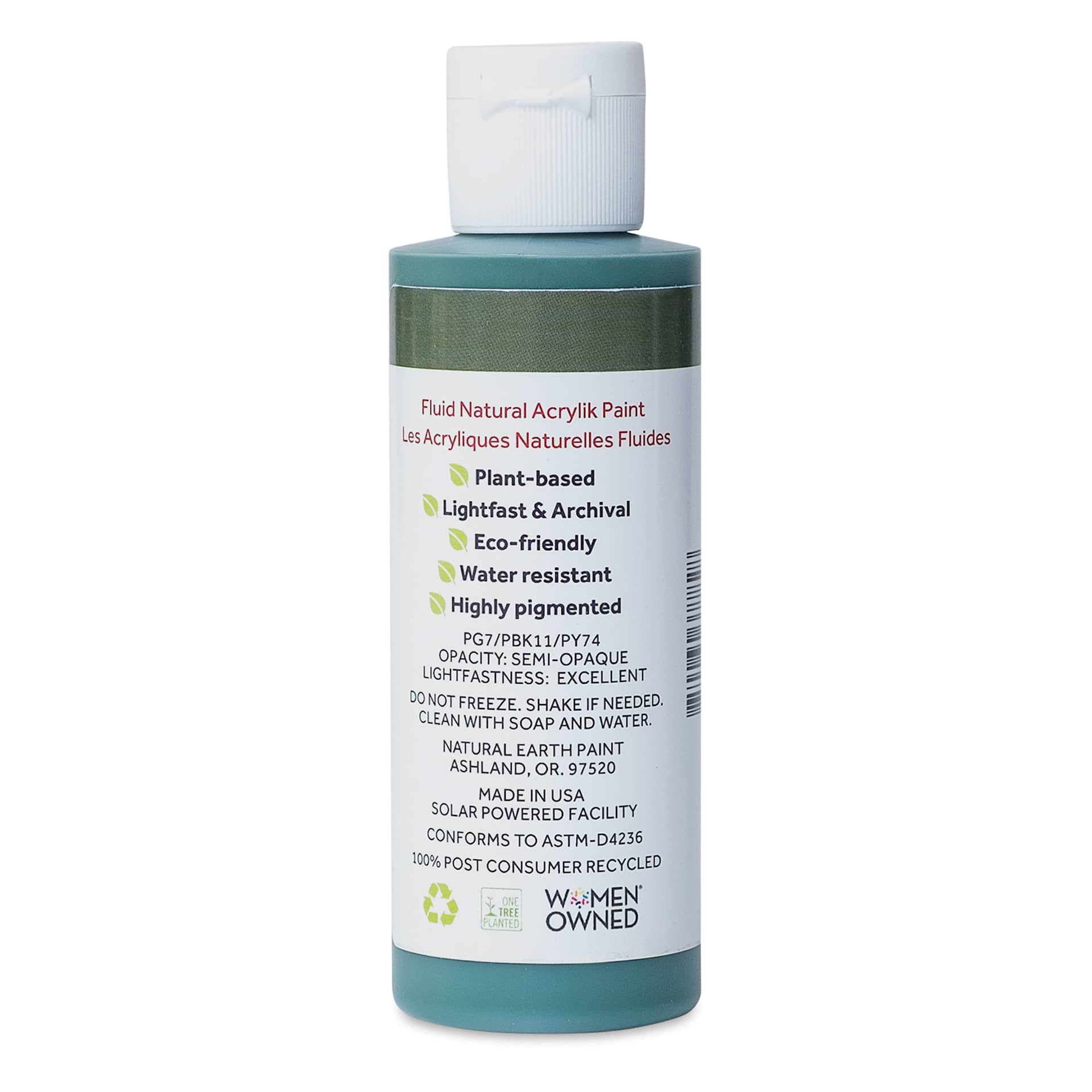 Natural Earth Paint Natural Fluid Acrylik Paint - Sap Green, back of 118 ml bottle