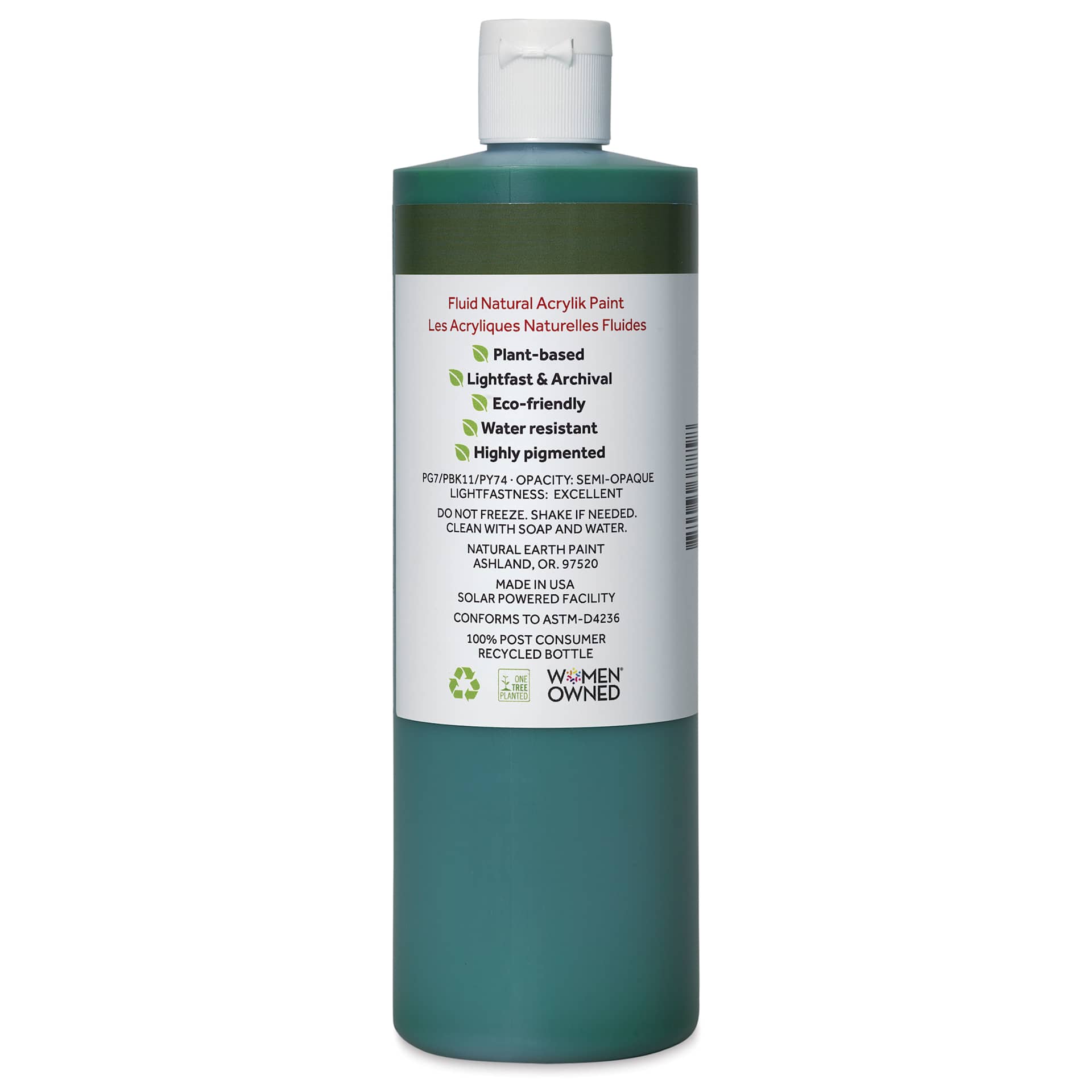 Natural Earth Paint Natural Fluid Acrylik Paint - Sap Green, back of473 ml bottle