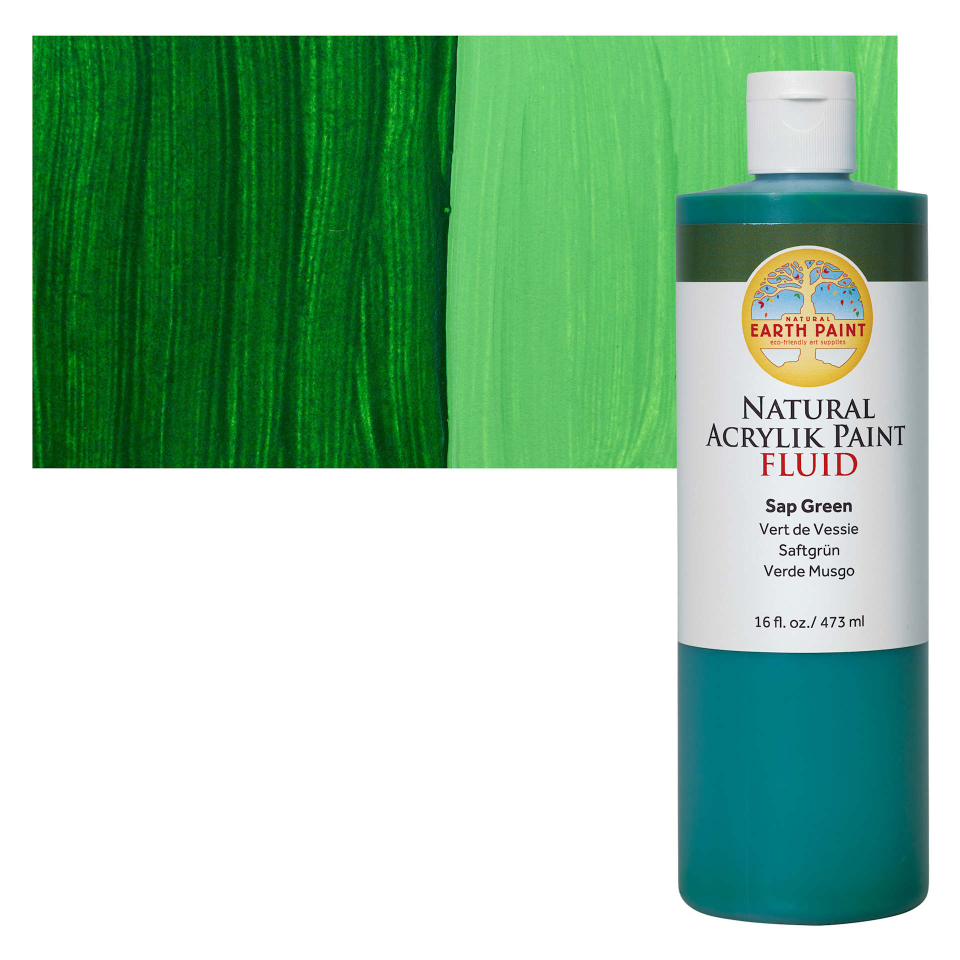 Natural Earth Paint Natural Fluid Acrylik Paint - Sap Green, 473 ml bottle and swatch