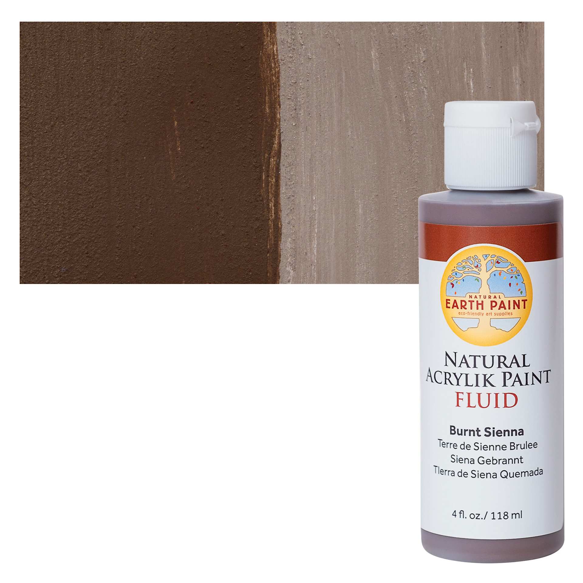 Natural Earth Paint Natural Fluid Acrylik Paint - Burnt Sienna, 118 ml - Bottle and Swatch