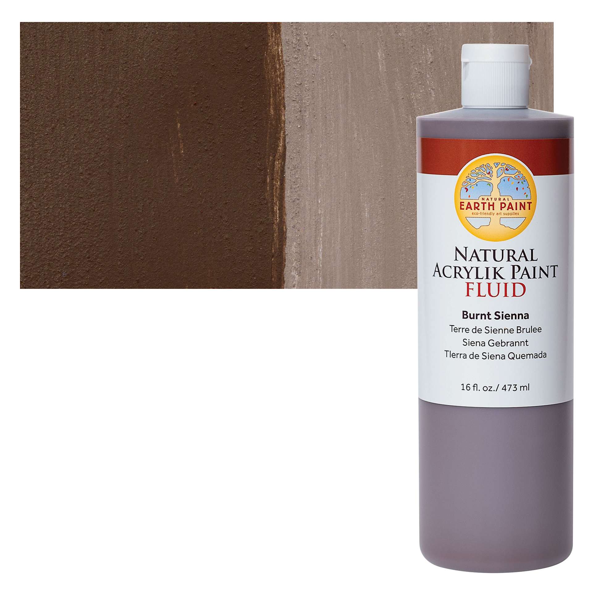 Natural Earth Paint Natural Fluid Acrylik Paint - Burnt Sienna, 473 ml - Bottle and Swatch