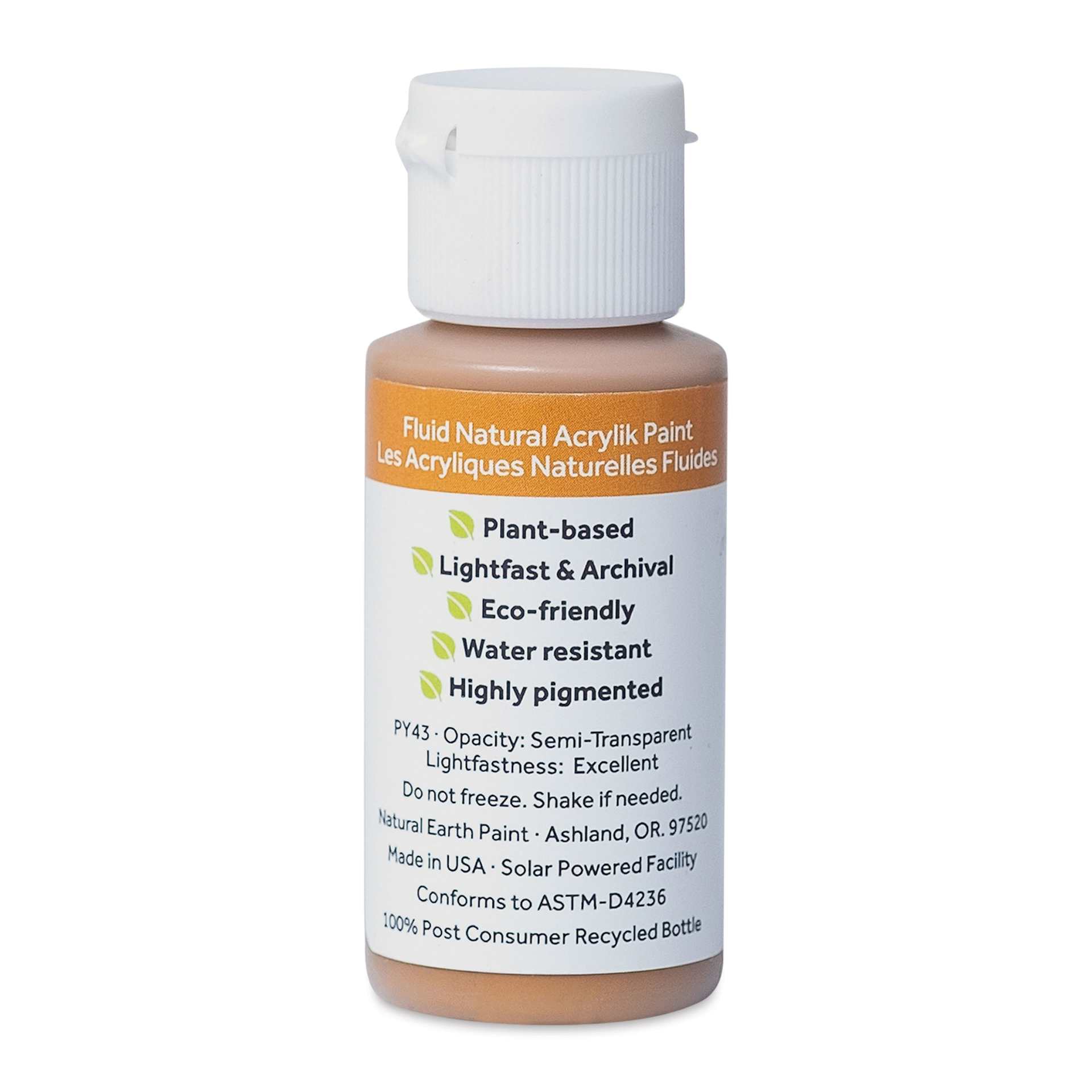 Natural Earth Paint Natural Fluid Acrylik Paint - Raw Sienna, back of a 30 ml bottle
