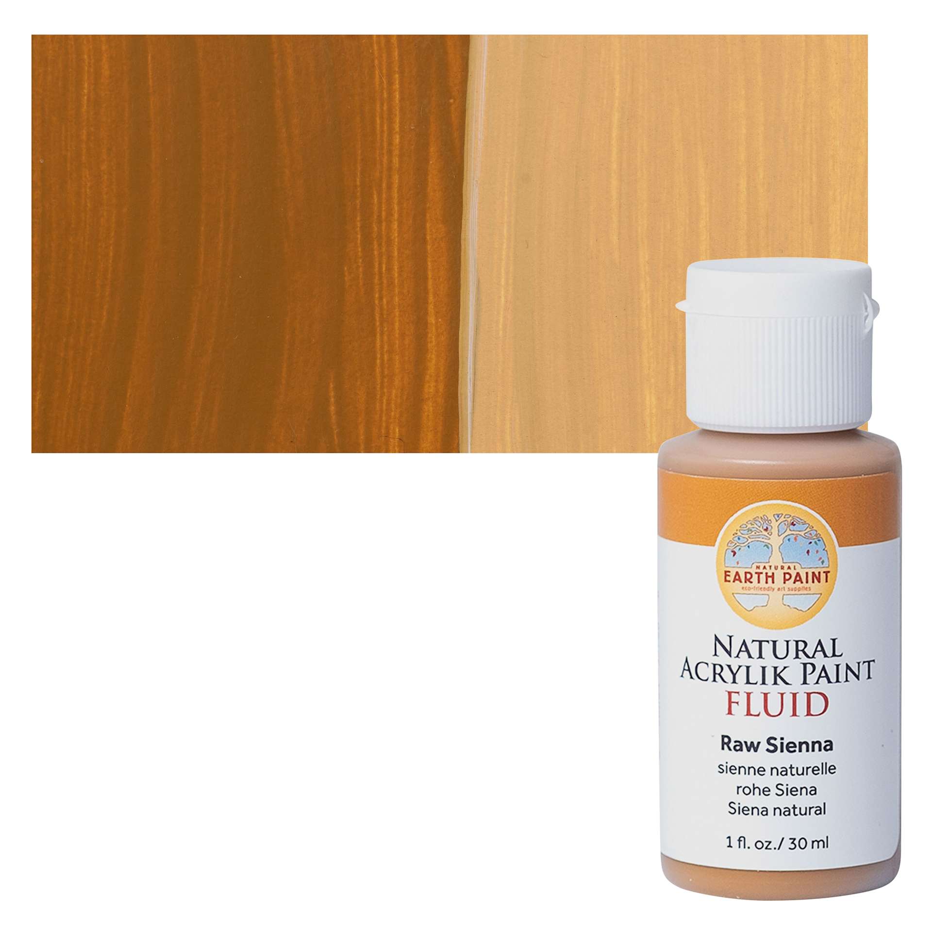 Natural Earth Paint Natural Fluid Acrylik Paint - Raw Sienna,  30 ml bottle and swatch