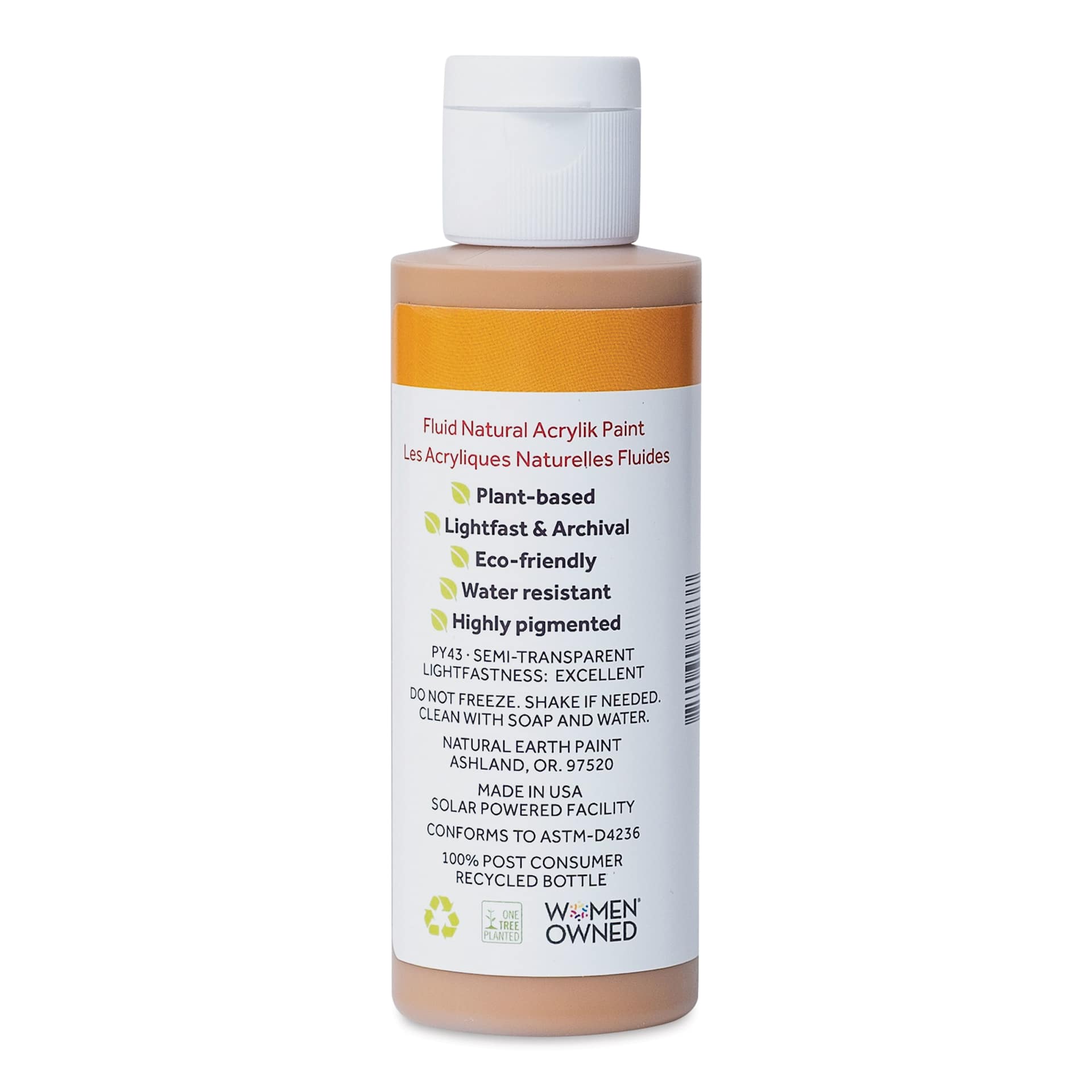 Natural Earth Paint Natural Fluid Acrylik Paint - Raw Sienna, back of a 118 ml bottle