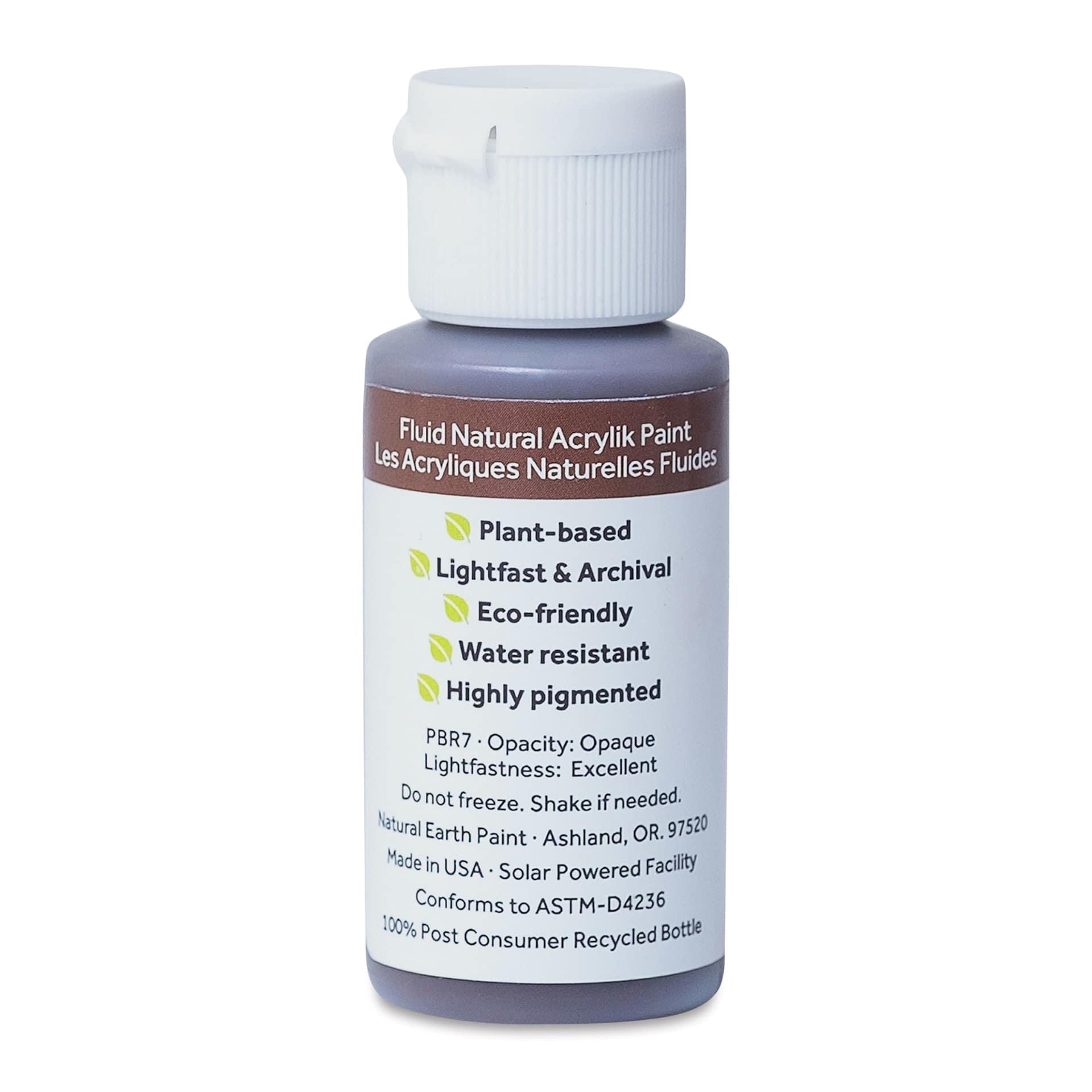Natural Earth Paint Natural Fluid Acrylik Paint - Burnt Umber, back of 30 ml bottle