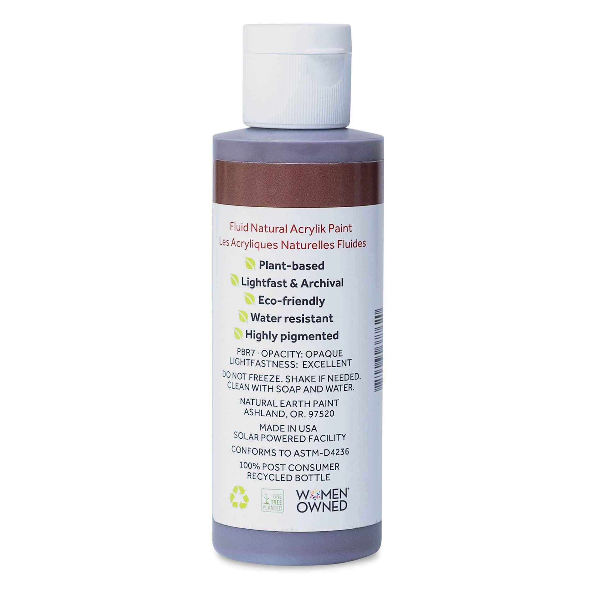 Natural Earth Paint Natural Fluid Acrylik Paint - Burnt Umber, back of a 118 ml bottle