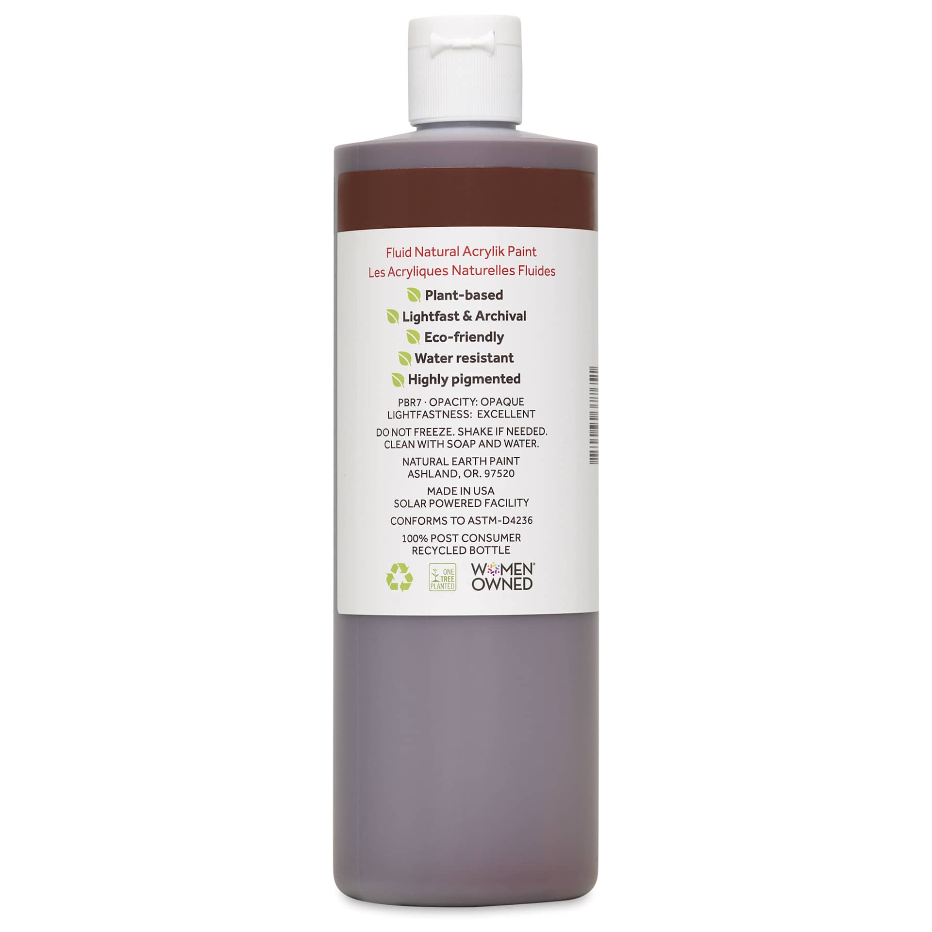 Natural Earth Paint Natural Fluid Acrylik Paint - Burnt Umber, back of a 473 ml bottle
