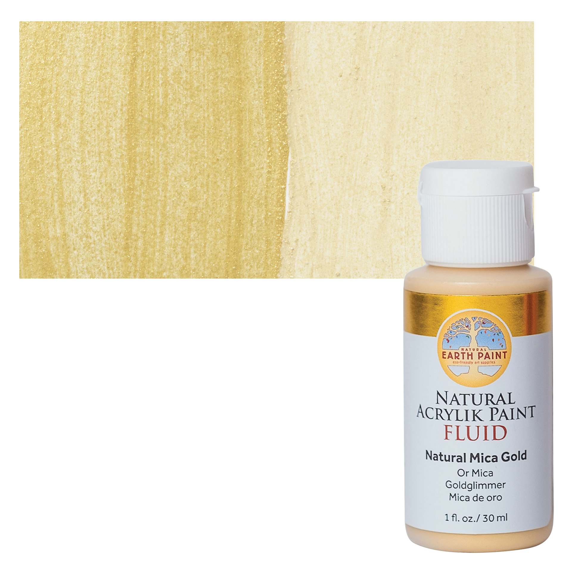 Natural Earth Paint Natural Fluid Acrylik Paint - Gold Mica, 30 ml - Bottle and Swatch