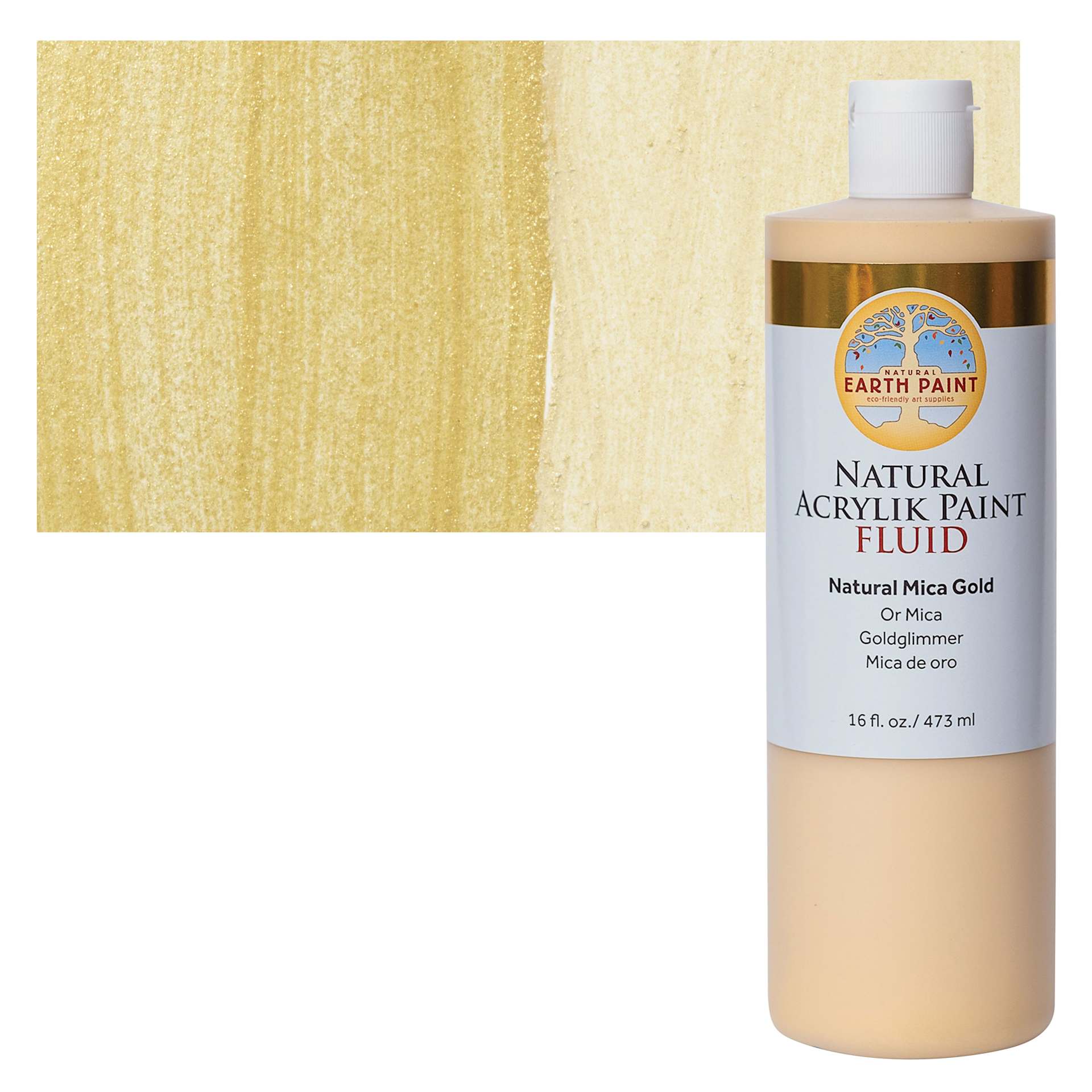 Natural Earth Paint Natural Fluid Acrylik Paint - Gold Mica, 473 ml - Bottle and Swatch