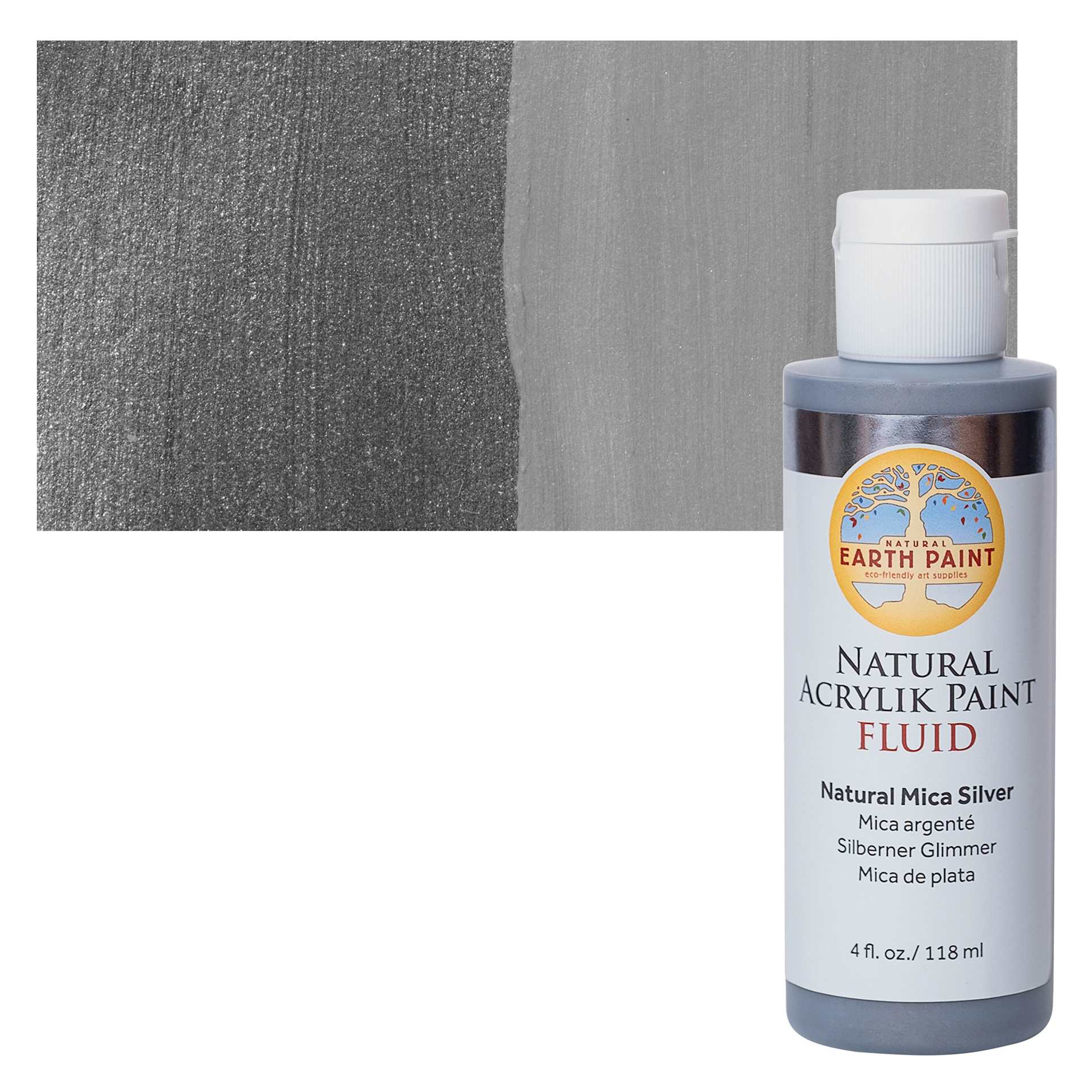 Natural Earth Paint Natural Fluid Acrylik Paint - Silver Mica, 118 ml Bottle and Swatch