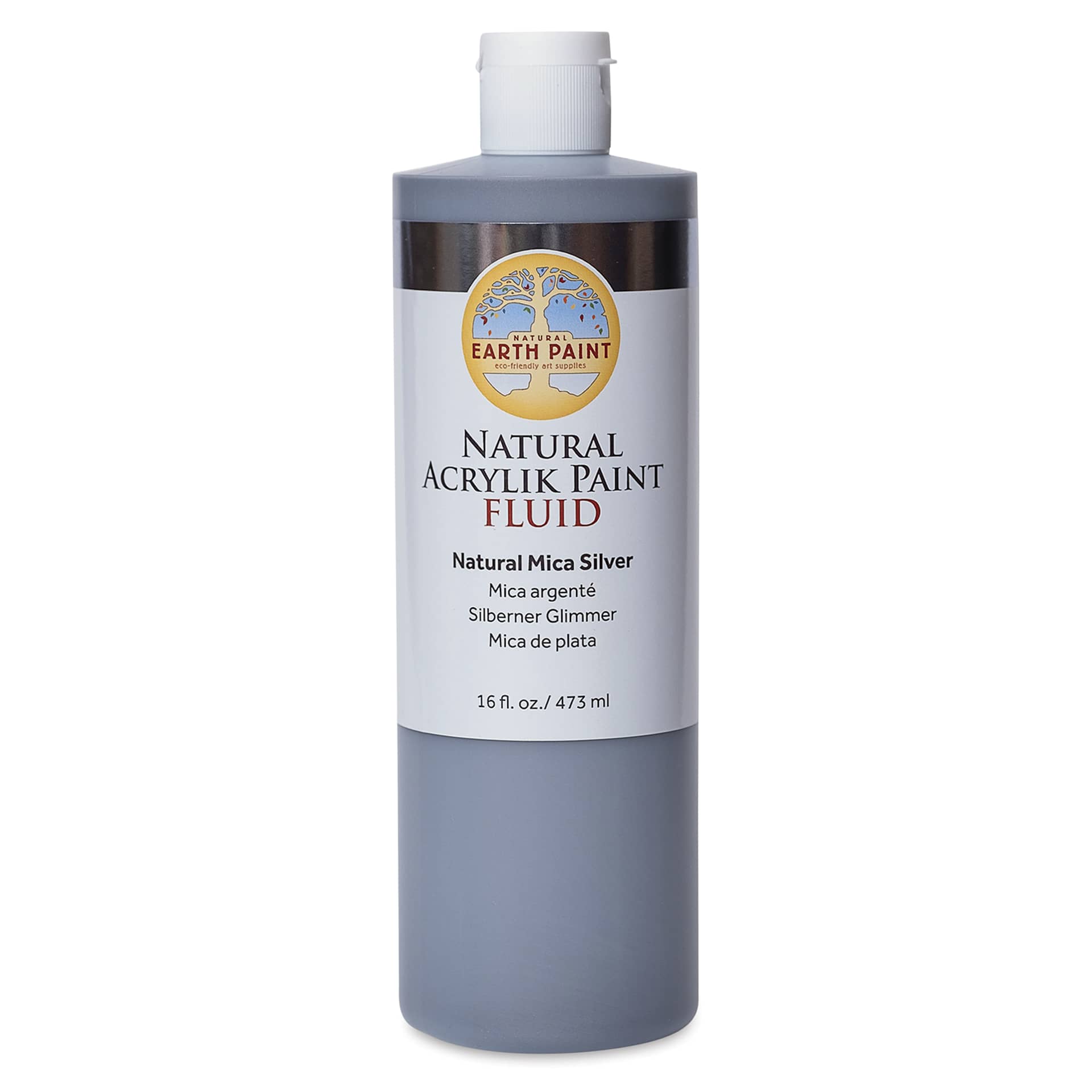 Natural Earth Paint Natural Fluid Acrylik Paint - Silver Mica, 473 ml - front of bottle