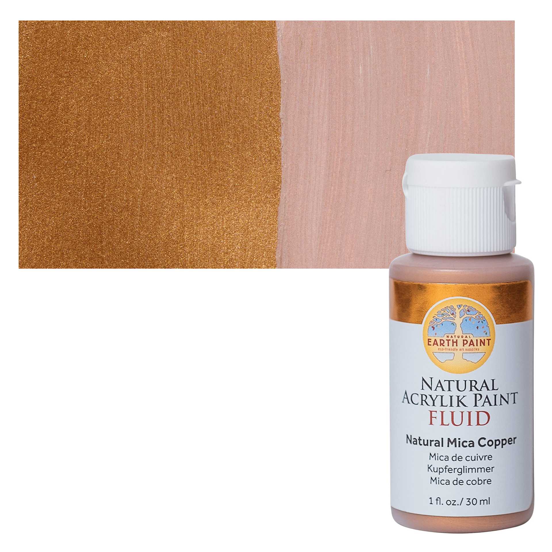 Natural Earth Paint Natural Fluid Acrylik Paint - Copper Mica, 30 ml - Bottle and Swatch