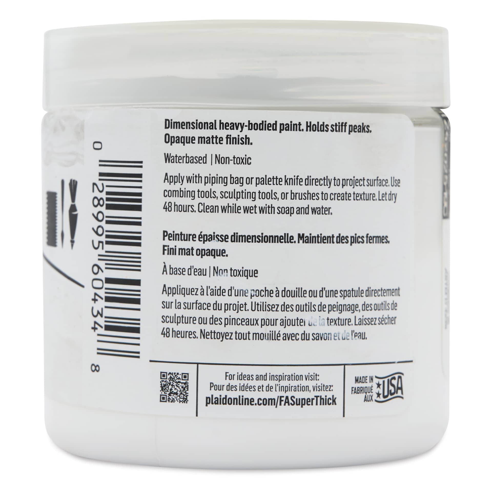 FolkArt Super Thick Acrylic Paint - White, 4 oz jar, back of jar