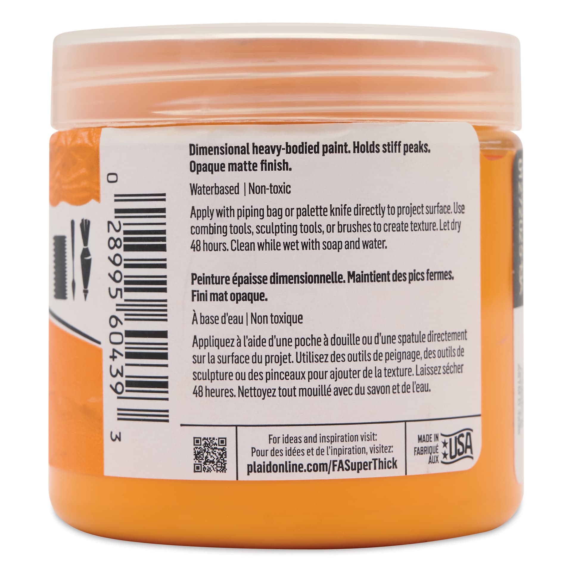 FolkArt Super Thick Acrylic Paint - Orange, 4 oz jar, back of jar