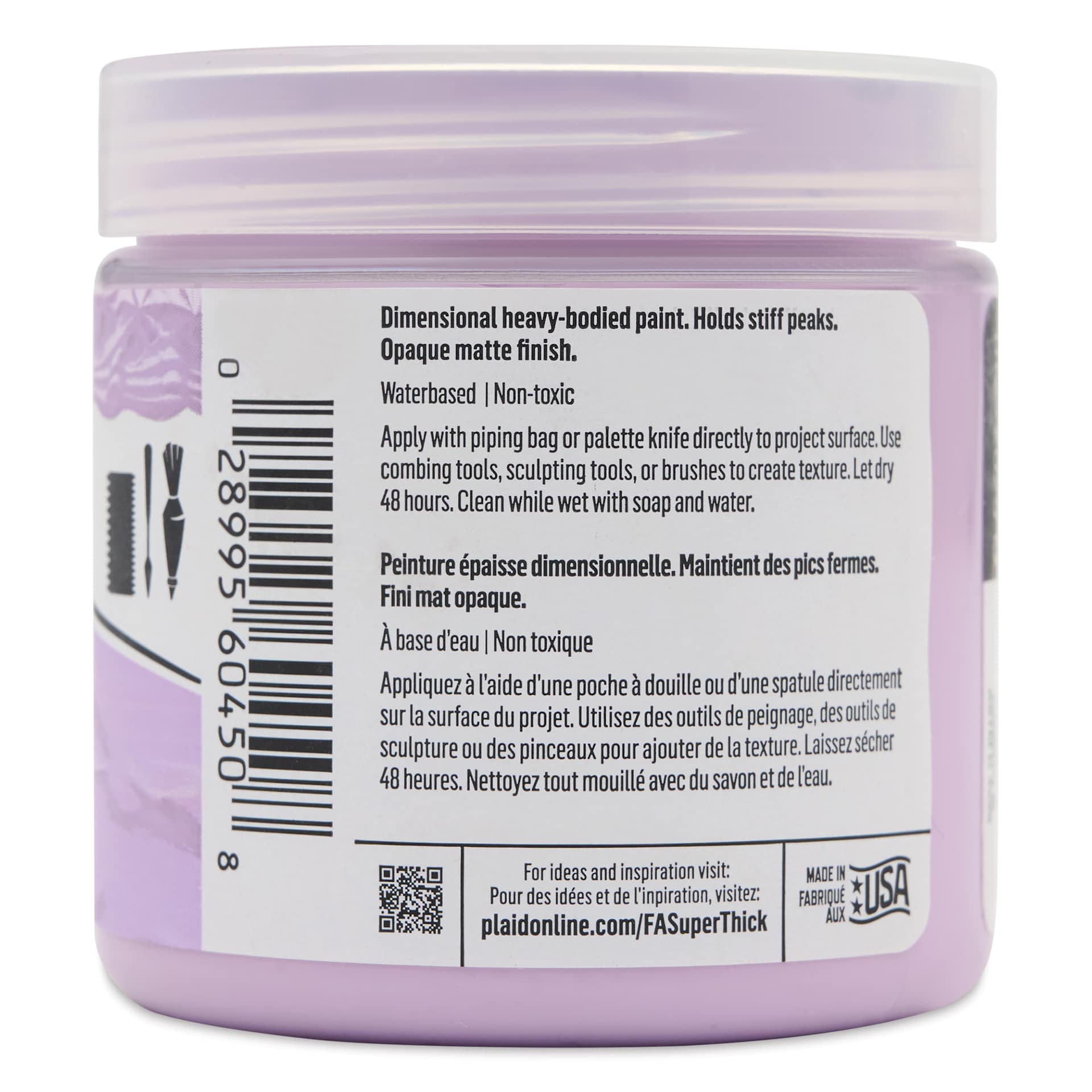 FolkArt Super Thick Acrylic Paint - Soft Purple, 4 oz jar, back of jar