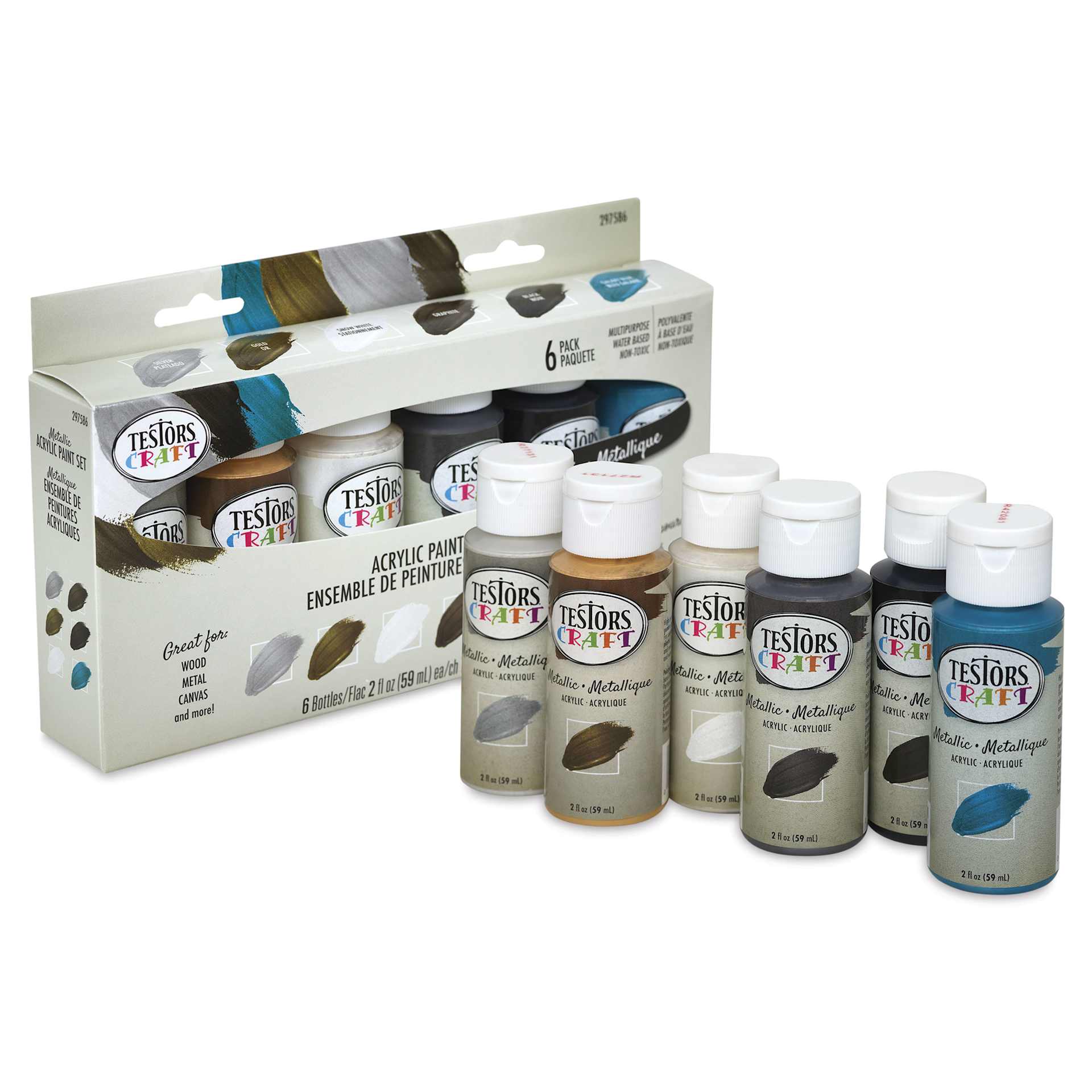 Testors Craft Acrylic Paint - Set of 6, Metallic Colors, 2 oz Bottles and package