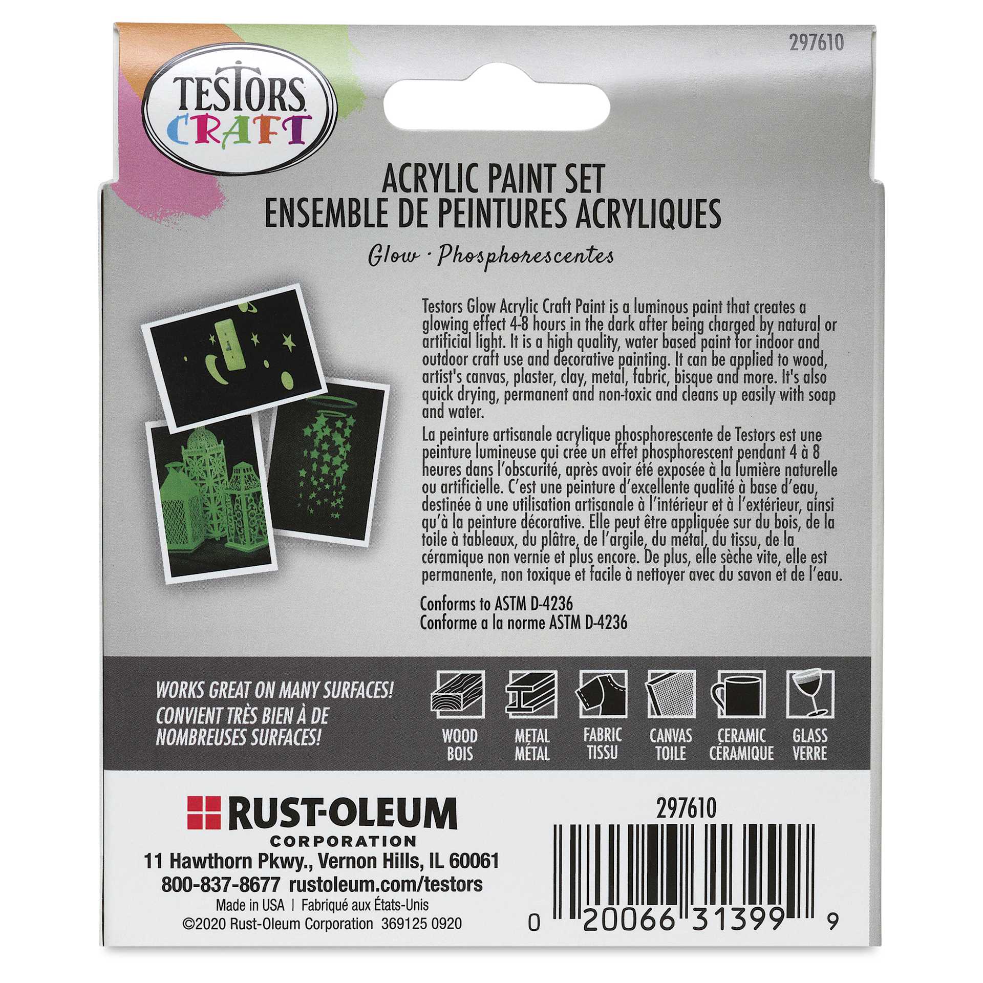 Testors Craft Acrylic Paint - Set of 3, Glow Colors back of package