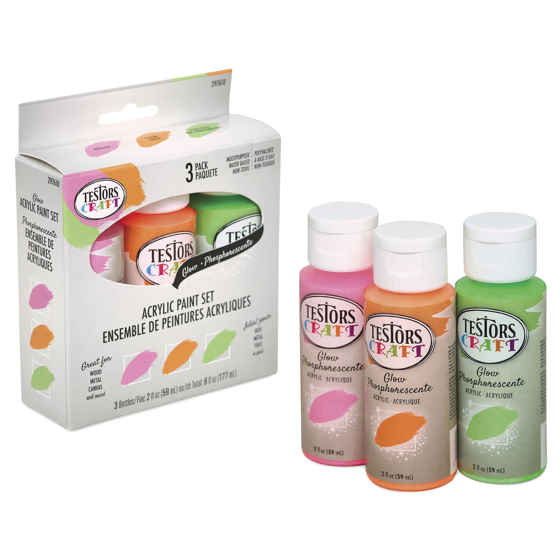 Testors Craft Acrylic Paint - Set of 3, Glow Colors, 2 oz Bottles and package