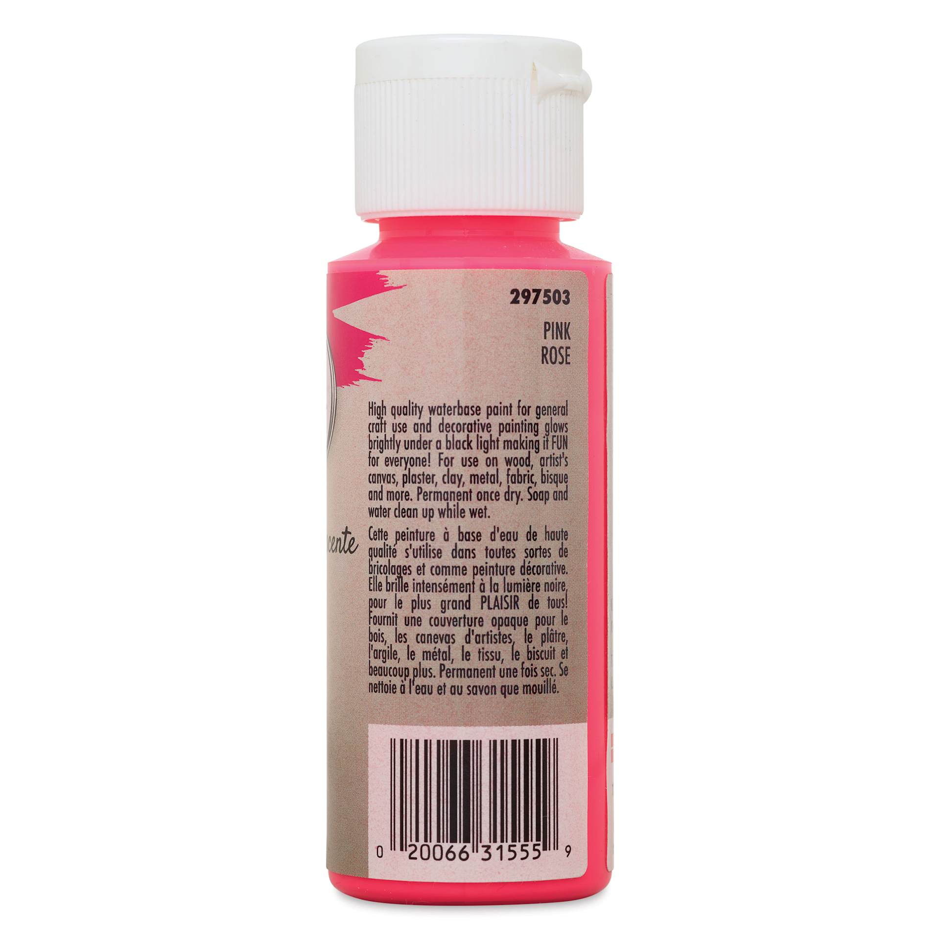 Testors Craft Acrylic Paint - Fluorescent Pink, back of a 2 oz Bottle 