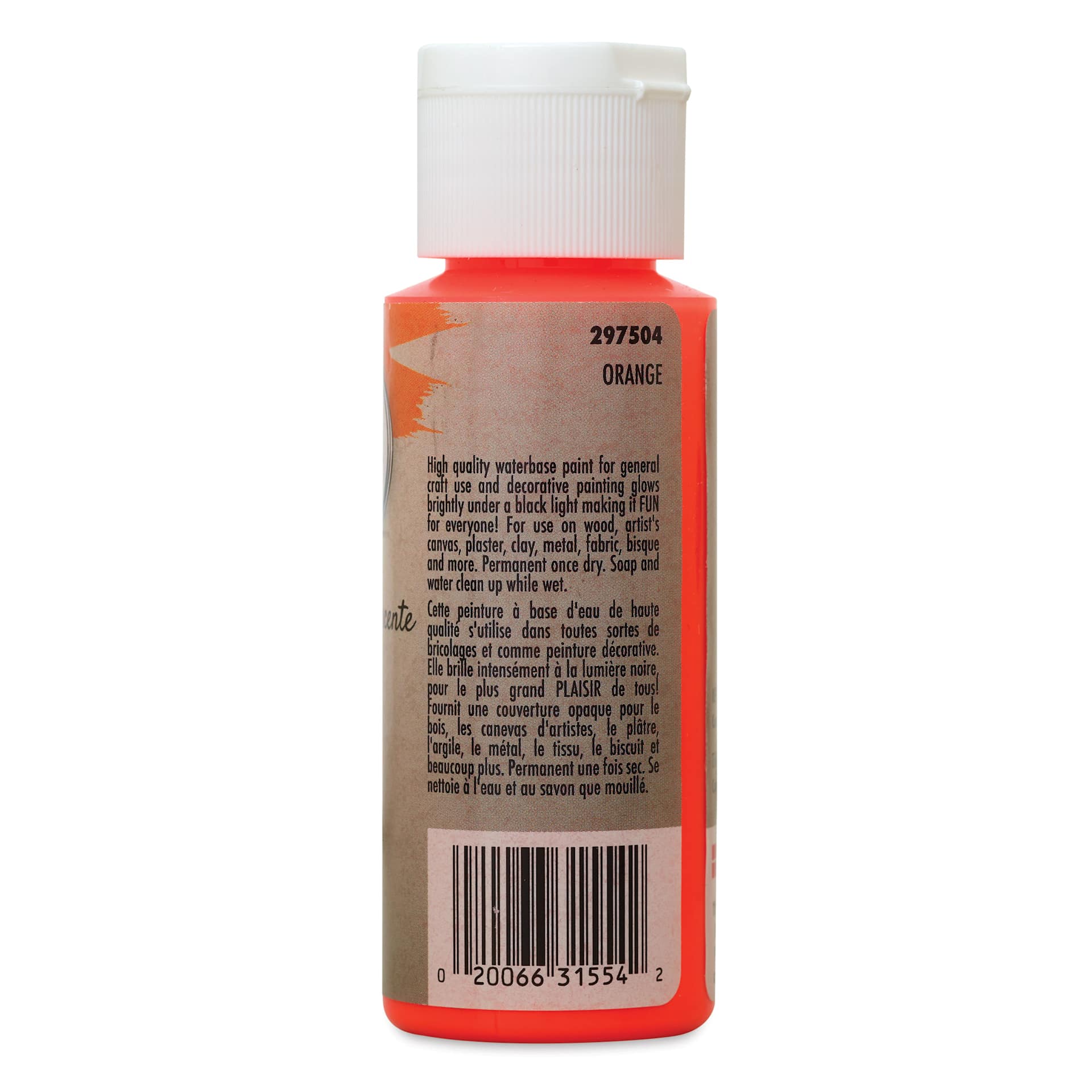 Testors Craft Acrylic Paint - Fluorescent Orange, back of a 2 oz Bottle