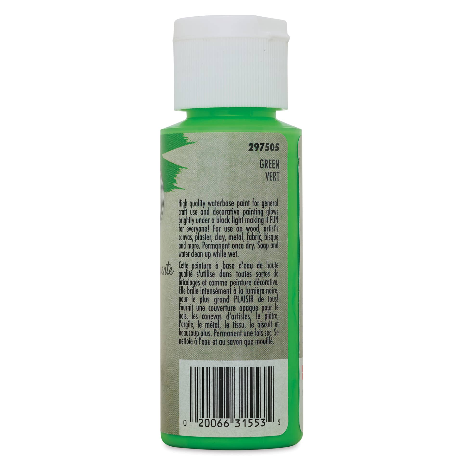Testors Craft Acrylic Paint - Fluorescent Green, back of a 2 oz Bottle