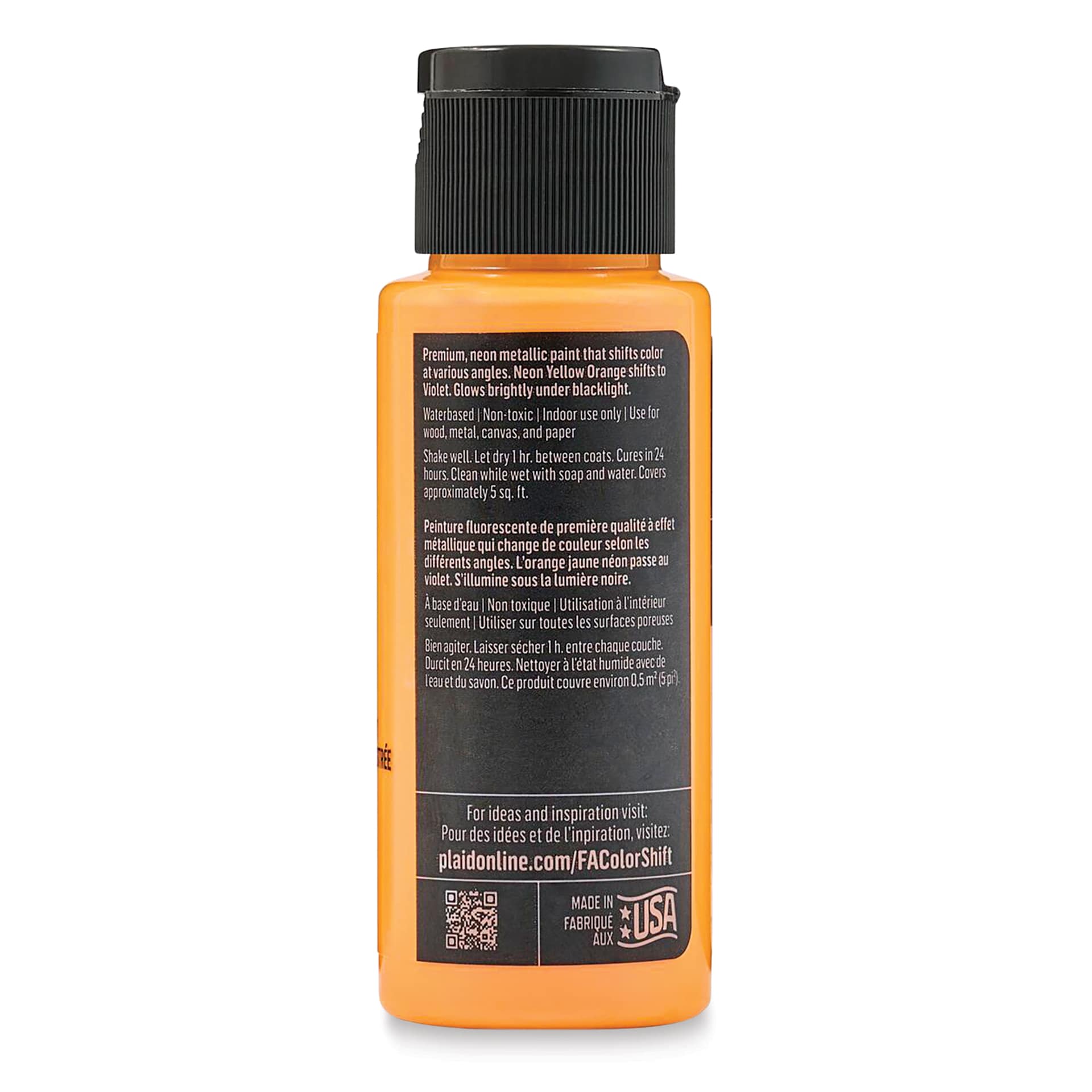 FolkArt Colorshift Blacklight Acrylic Paint - Yellow Orange, back of a 2 oz bottle